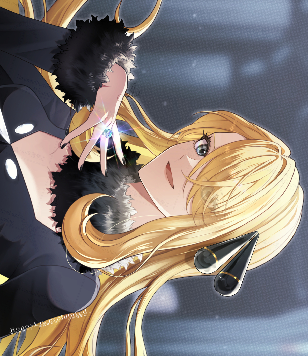 sakaralalala, cynthia (pokemon), nintendo, pokemon, pokemon dppt, highres, 1girl, black coat, blonde hair, blurry, blurry background, breasts, cleavage, coat, collarbone, eyelashes, eyes visible through hair, grey eyes, hair over one eye, jewelry, long hair, medium breasts, mega ring, ring, solo