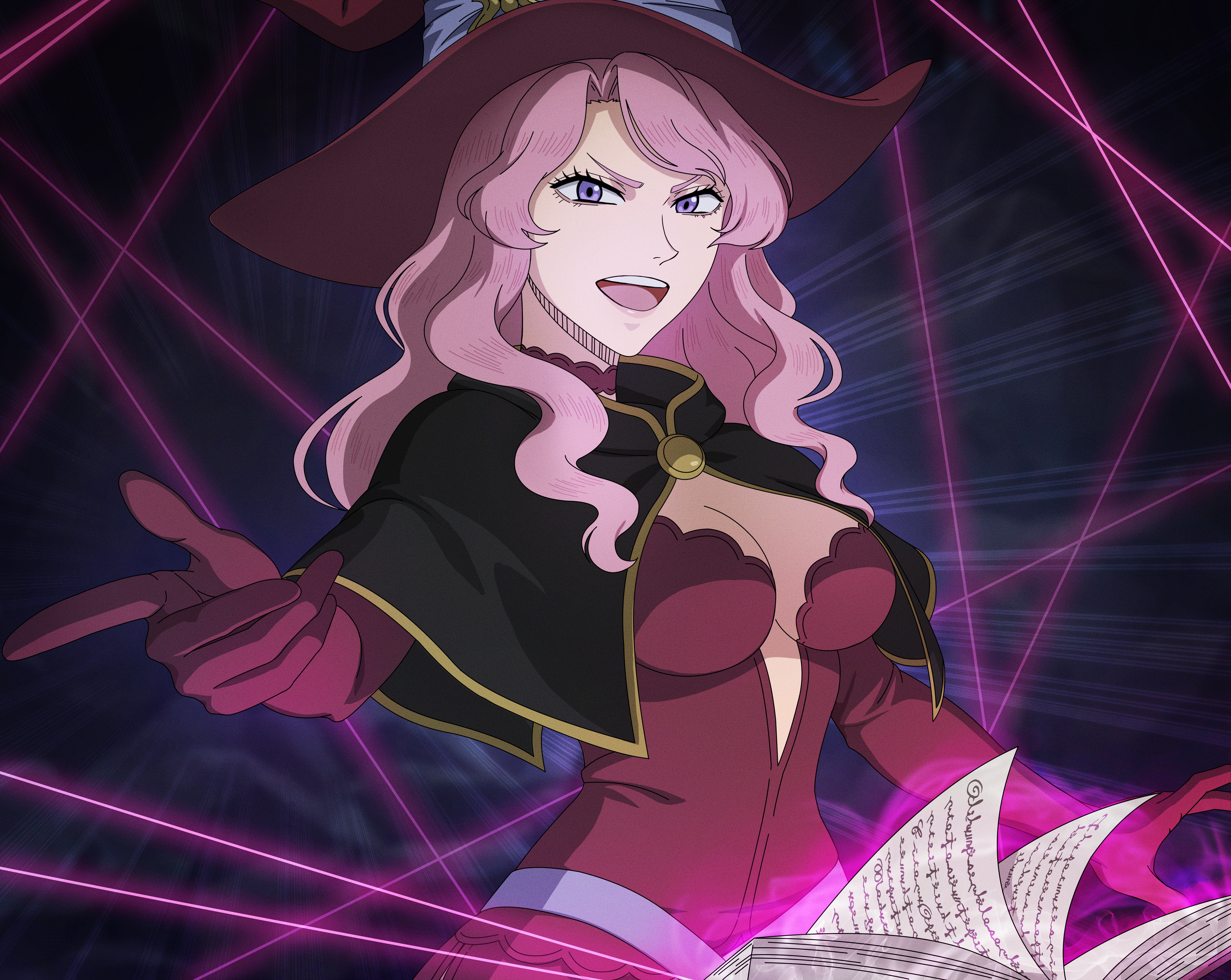 vanessa enoteca, black clover, black clover m: rise of the wizard king, absurdres, highres, non-web source, official art, 1girl, black capelet, book, breasts, capelet, cleavage, elbow gloves, gloves, grimoire, hat, large breasts, long hair, looking at viewer, open book, open mouth, pink hair, purple eyes, red gloves, red hat, teeth, upper body, upper teeth only