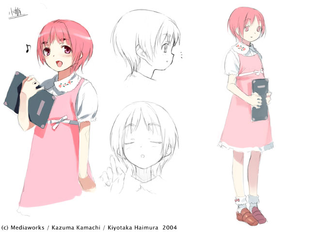 haimura kiyotaka, tsukuyomi komoe, toaru majutsu no index, toaru majutsu no index: old testament, official art, 00s, dress, musical note, notebook, pink eyes, pink hair, reference sheet, short hair, sketch