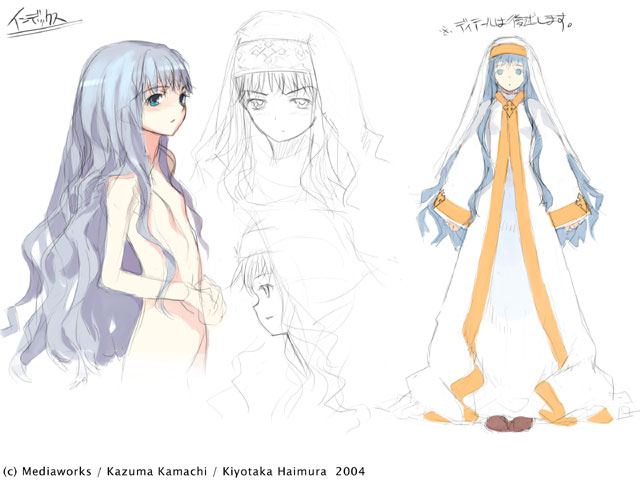 haimura kiyotaka, index (toaru majutsu no index), toaru majutsu no index, toaru majutsu no index: old testament, habit, 00s, blue eyes, blue hair, completely nude, flat chest, long hair, nude, nun, reference sheet, sketch, wavy hair
