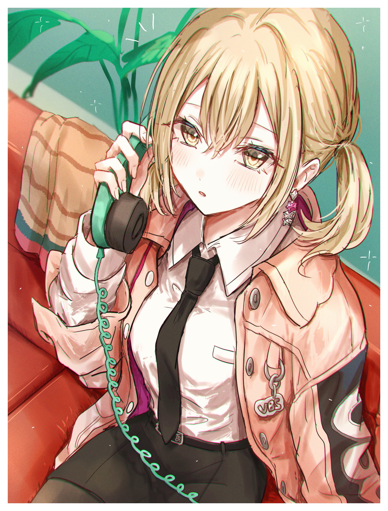 penny pany, azusawa kohane, project sekai, commentary, highres, symbol-only commentary, 1girl, black necktie, black skirt, blonde hair, blush, border, collared shirt, corded phone, couch, cowboy shot, double-parted bangs, hair between eyes, holding, holding phone, jacket, long hair, long sleeves, necktie, open clothes, open jacket, parted lips, pencil skirt, phone, pink jacket, plant, shirt, sidelocks, sitting, skirt, solo, sparkle, twintails, white border, white shirt