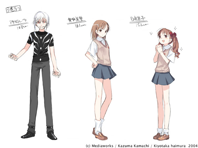 haimura kiyotaka, accelerator (toaru majutsu no index), misaka mikoto, shirai kuroko, toaru kagaku no railgun, toaru majutsu no index, toaru majutsu no index: old testament, official art, translation request, 00s, 1boy, 2girls, brown eyes, brown hair, hand on own hip, hip focus, multiple girls, own hands clasped, own hands together, red eyes, reference sheet, school uniform, skirt, sparkle, sweater vest, twintails, white hair