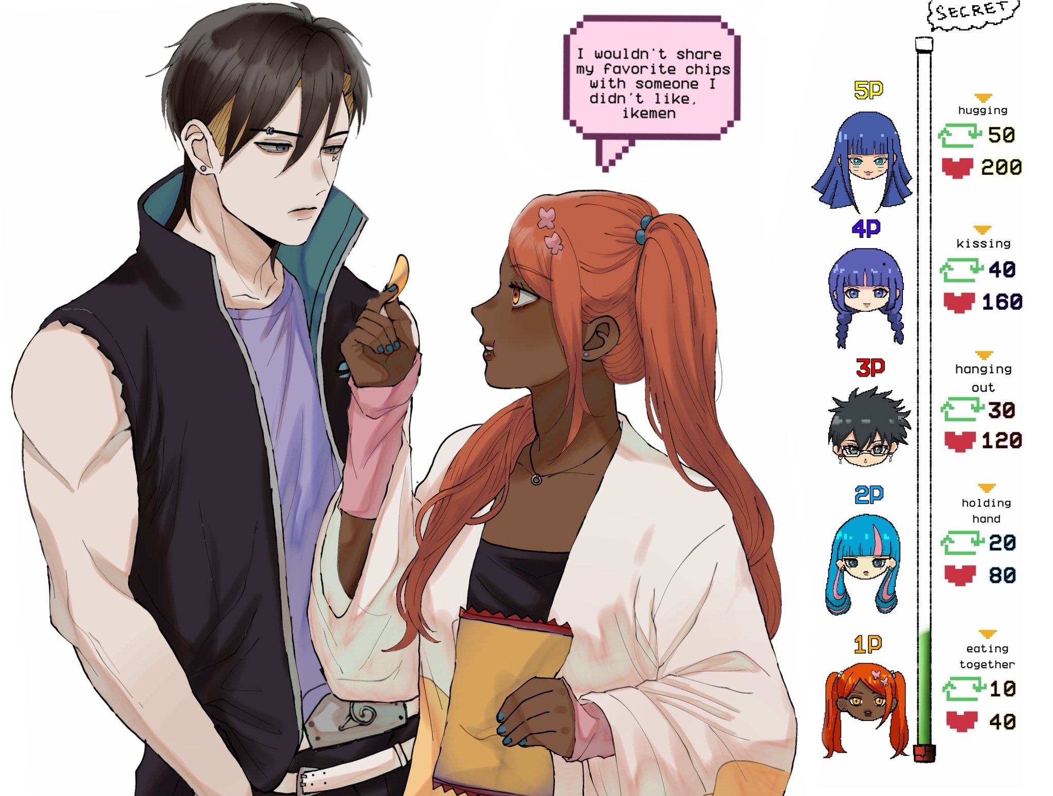 ada (naruto), akimichi chouchou, kakei sumire, kawaki (boruto), uchiha sarada, uzumaki himawari, boruto: two blue vortex, naruto (series), highres, 1boy, 5girls, arm warmers, belt buckle, black coat, black eyes, black hair, blonde hair, blue eyes, blue hair, blue nails, blunt bangs, braid, buckle, chibi, chibi inset, chips (food), coat, dark-skinned female, dark skin, earrings, english text, eyebrow piercing, face piercing, facial mark, facial tattoo, food, frown, glasses, grey eyes, holding, holding food, ifevilwhyuhot, jacket, jewelry, konohagakure symbol, like and retweet, low twin braids, messy hair, multicolored hair, multiple girls, necklace, orange eyes, orange hair, piercing, pink hair, potato chips, purple shirt, shirt, short hair, sleeveless, sleeveless coat, stud earrings, tattoo, twin braids, twintails, two-tone hair, undercut, very dark skin, whisker markings, white jacket