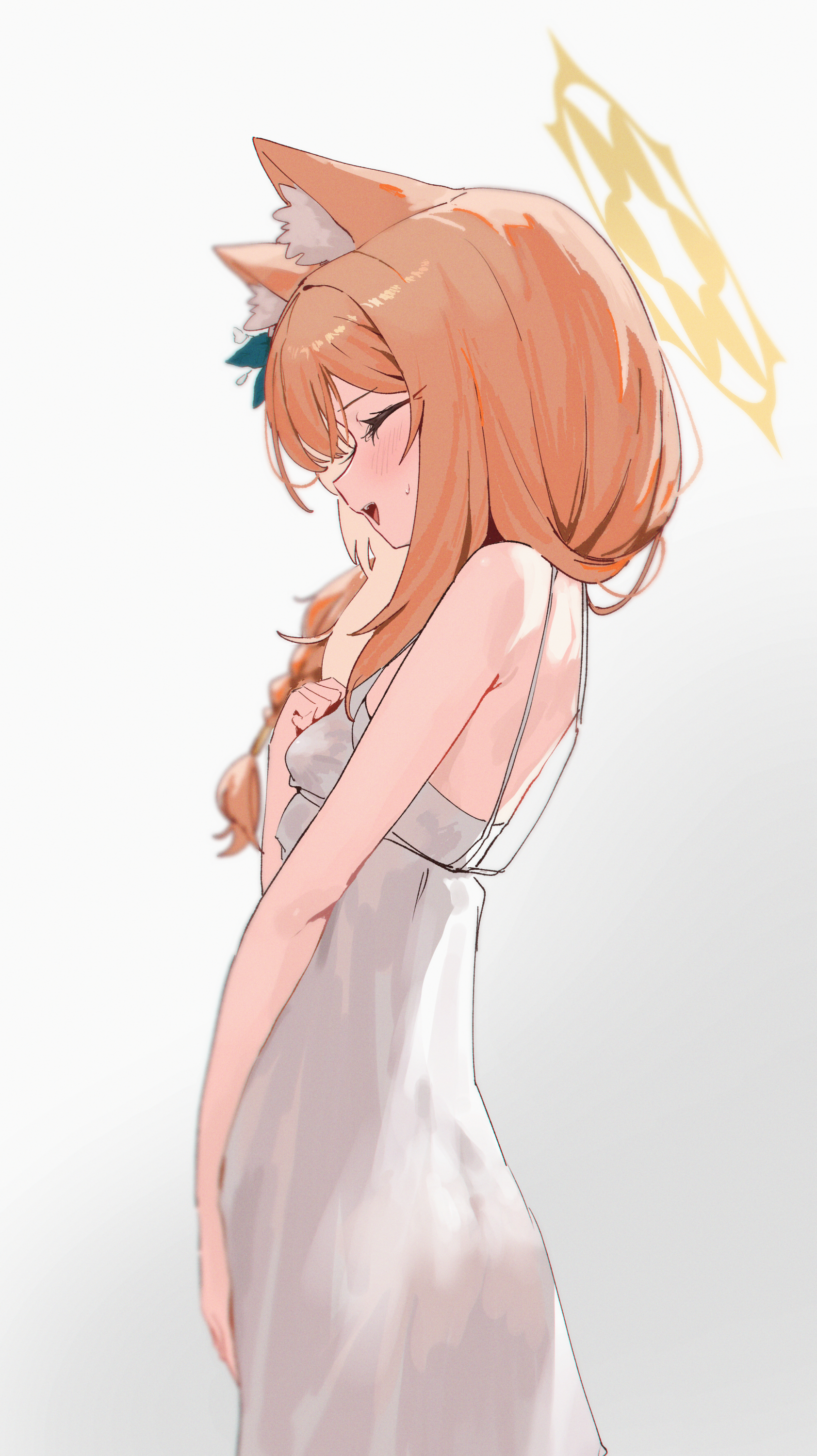 dan nako, mari (blue archive), blue archive, absurdres, commentary request, highres, 1girl, :d, animal ear fluff, animal ears, blush, braid, cat ears, cat girl, closed eyes, dress, from side, halo, hand on own chest, long hair, open mouth, orange hair, simple background, single braid, smile, solo, spaghetti strap, sweatdrop, white background, white dress, yellow halo