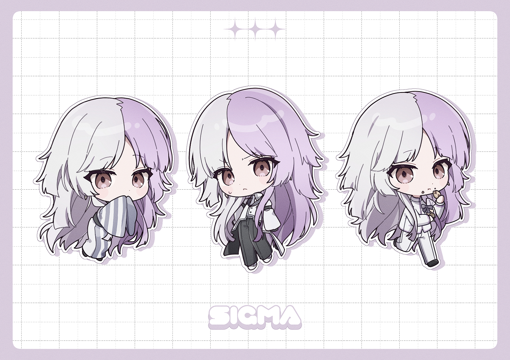 sigma (bungou stray dogs), bungou stray dogs, hashtag-only commentary, highres, 1boy, black pants, brown eyes, character name, chibi, closed mouth, collared shirt, cookie, cynitx, earrings, eating, food, food on face, full body, holding, holding cookie, holding food, jacket, japanese clothes, jewelry, kimono, long hair, long sleeves, looking at viewer, male focus, multicolored hair, multiple views, pants, purple hair, shirt, simple background, sleeve garter, sleeves past wrists, split-color hair, striped clothes, striped kimono, sweatdrop, two-tone hair, white hair, white jacket, white pants, white shirt