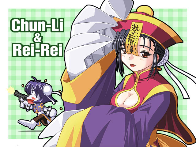 chun-li, hsien-ko, capcom, darkstalkers, street fighter, 2girls, blush, breasts, chibi, cleavage, cosplay, multiple girls, smile