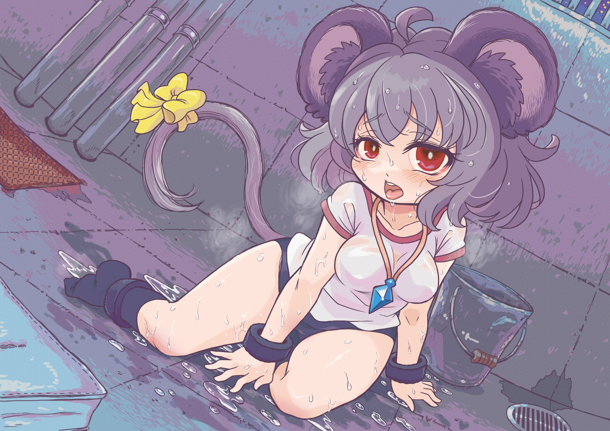 tsuzuchii, nazrin, nyon (cookie), cookie (touhou), touhou, commentary request, highres, 1girl, ahoge, alternate costume, animal ears, black buruma, black socks, blush, bow, breasts, bucket, buruma, drain (object), full body, grey hair, gym uniform, indoors, jewelry, looking at viewer, medium breasts, medium hair, mouse ears, mouse tail, necklace, open mouth, pendant, red eyes, shirt, socks, solo, sweat, tail, tail bow, tail ornament, tile floor, tile wall, tiles, white shirt, wristband, yellow bow