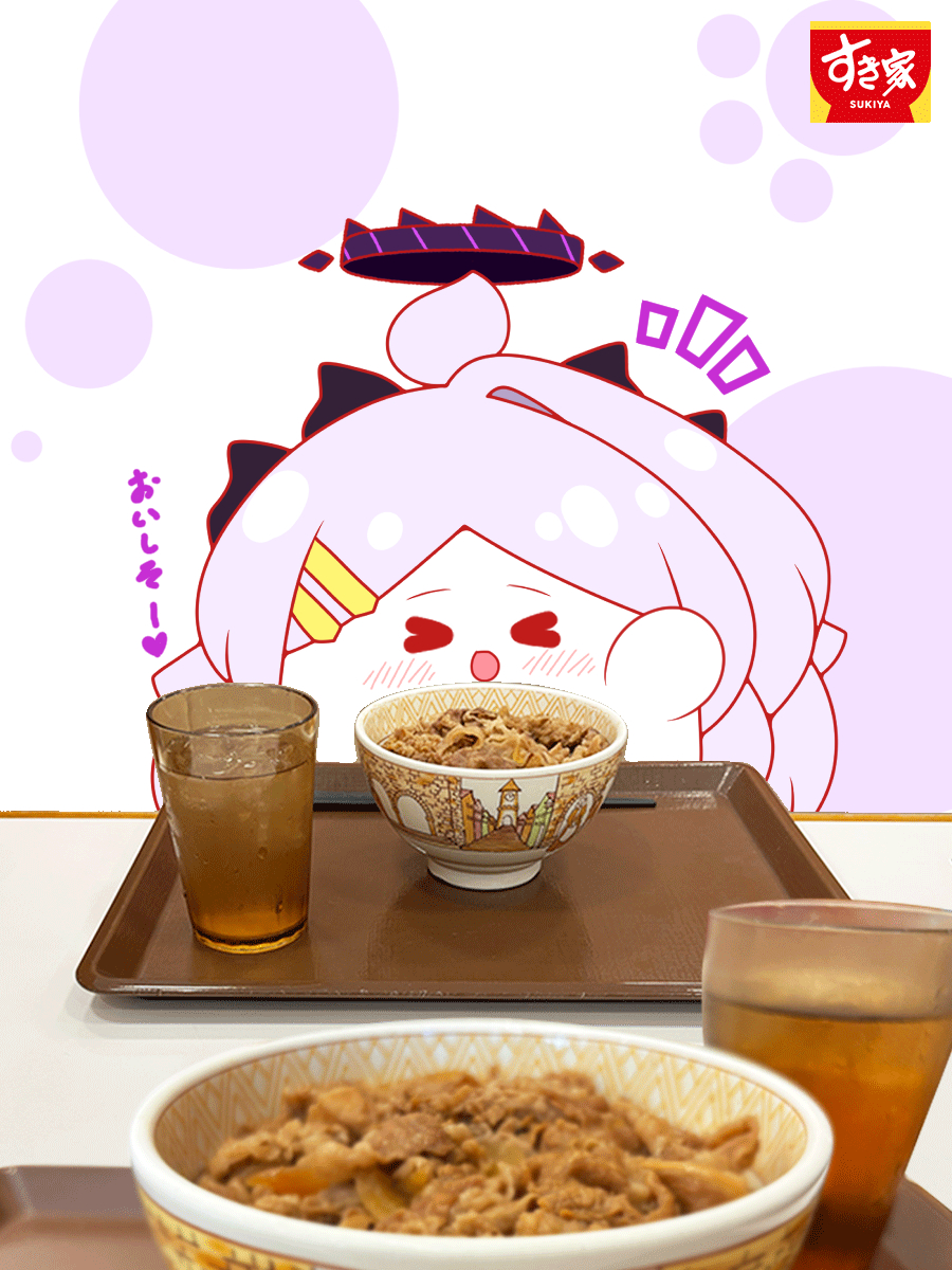 kurukurumagical, hina (blue archive), blue archive, sukiya, commentary request, highres, translation request, > <, 1girl, :d, ahoge, arm up, blush, bowl, chibi, chopsticks, closed eyes, cup, drinking glass, facing viewer, food, grey hair, gyuudon, halo, horns, long hair, notice lines, open mouth, pov across table, single hair intake, smile, solo, tray, upper body, white background, xd