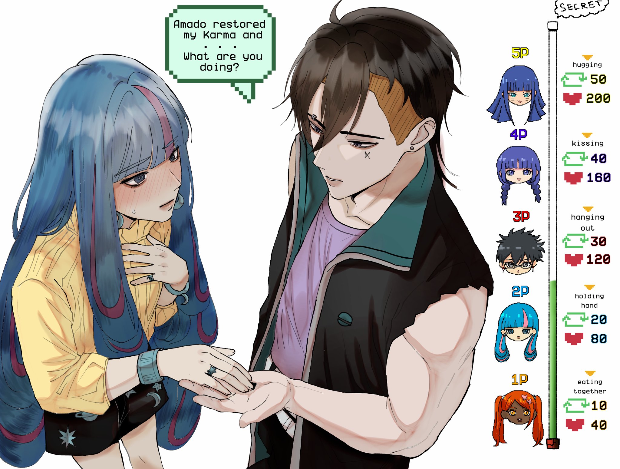 ada (naruto), akimichi chouchou, kakei sumire, kawaki (boruto), uchiha sarada, uzumaki himawari, boruto: two blue vortex, naruto (series), highres, 1boy, 5girls, black coat, black eyes, black hair, black shorts, blonde hair, blue eyes, blue hair, blush, bracelet, coat, dark-skinned female, dark skin, earrings, english text, eyebrow piercing, face piercing, from above, glasses, hand on own chest, ifevilwhyuhot, jewelry, like and retweet, messy hair, mole, mole under eye, multicolored hair, multiple girls, muscular, muscular male, orange eyes, orange hair, piercing, pink hair, purple eyes, purple hair, purple shirt, ring, shirt, short hair, shorts, sleeveless, sleeveless coat, streaked hair, stud earrings, sweatdrop, twintails, two-tone hair, undercut, very dark skin, yellow shirt