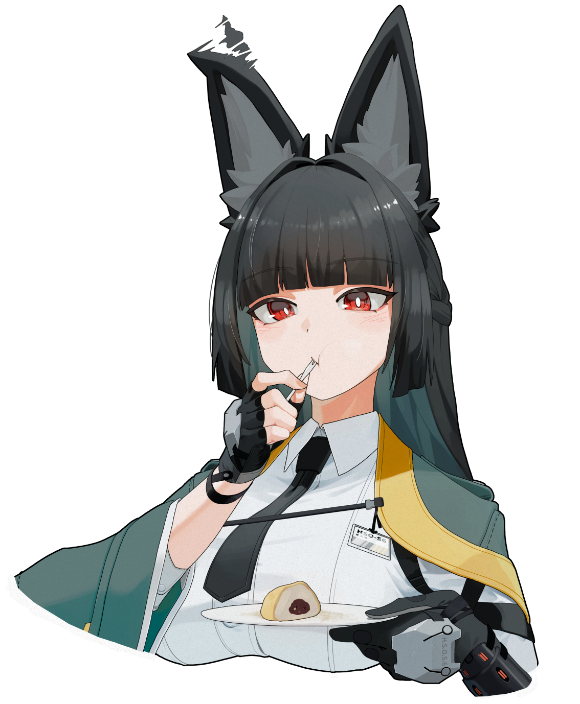 shinarika396, hoshimi miyabi, zenless zone zero, commentary, highres, 1girl, animal ear fluff, black hair, blunt bangs, braid, breasts, bright pupils, colored inner hair, ear wiggle, eating, food, fork, fox girl, gloves, holding, holding fork, holding plate, id card, jacket, large breasts, large ears, light blush, long hair, multicolored hair, necktie, plate, red eyes, shirt, side braid, strap, white background, white pupils