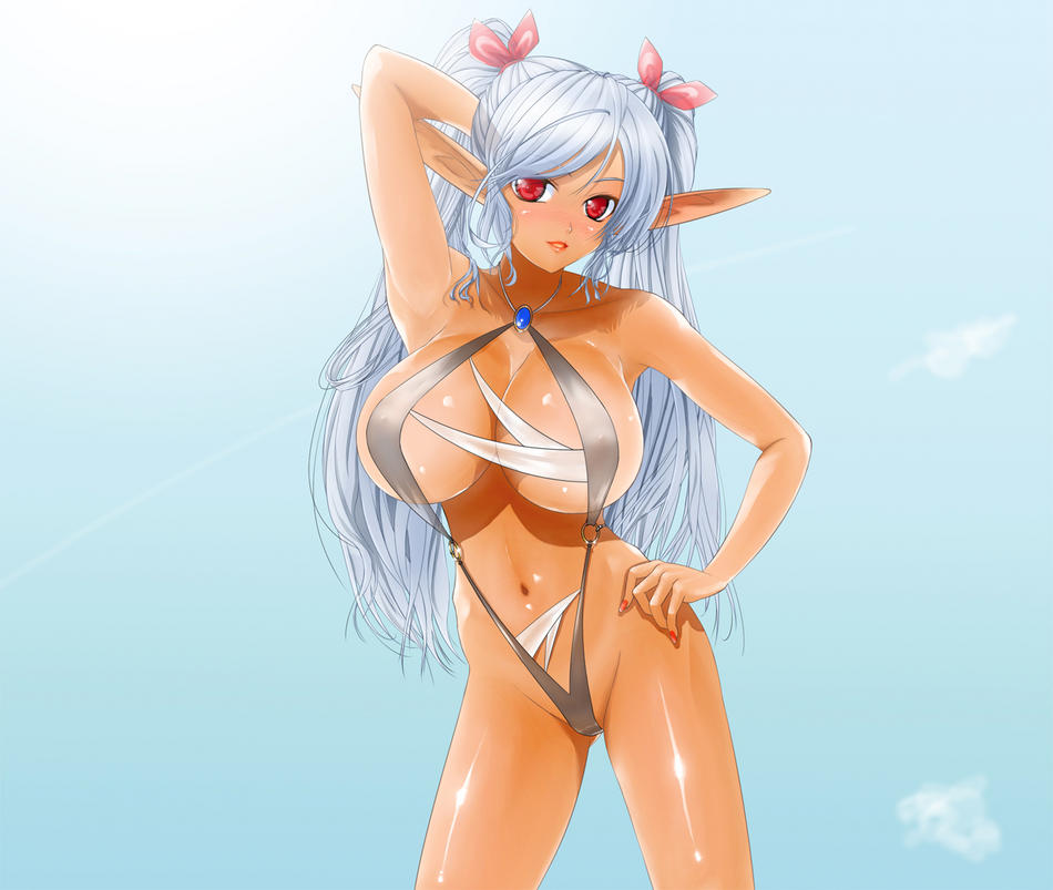 blush, breasts, cleavage, dark skin, hand on own hip, hip focus, large breasts, pointy ears, red eyes, slingshot swimsuit, smile, swimsuit, twintails