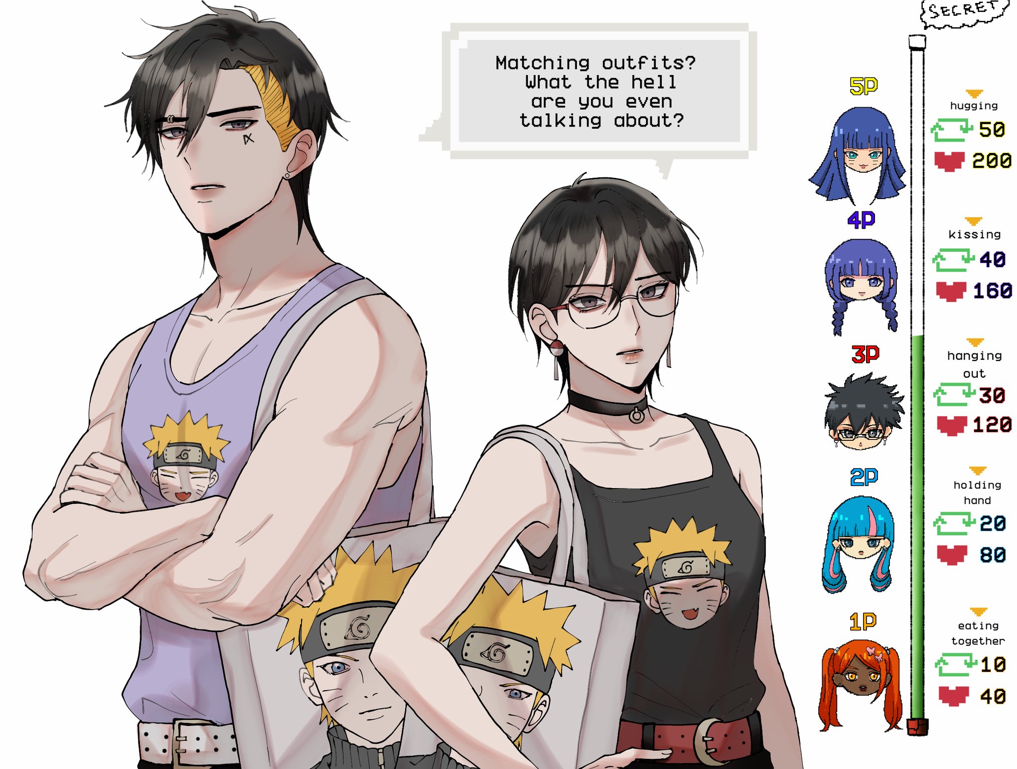 ada (naruto), akimichi chouchou, kakei sumire, kawaki (boruto), uchiha sarada, uzumaki himawari, uzumaki naruto, boruto: two blue vortex, naruto (series), naruto shippuuden, highres, 1boy, 5girls, bag, belt, black choker, black eyes, black hair, black tank top, blonde hair, blue eyes, braid, casual, choker, crossed arms, dark-skinned female, dark skin, earrings, english text, eyebrow piercing, face piercing, glasses, holding, holding bag, ifevilwhyuhot, jewelry, like and retweet, low twin braids, multicolored hair, multiple girls, muscular, muscular male, orange eyes, orange hair, piercing, pink hair, purple eyes, purple hair, purple tank top, red belt, shared speech bubble, short hair, speech bubble, stud earrings, tank top, tote bag, twin braids, twintails, two-tone hair, uchiha symbol, undercut, very dark skin, white belt