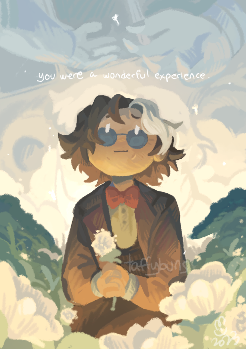 betty grof, simon petrikov, adventure time, commentary, english commentary, highres, 1boy, bow, bowtie, brown jacket, disembodied hand, flower, glasses, greyscale, holding, holding flower, jacket, looking up, monochrome, multicolored hair, red bow, red bowtie, streaked hair, taffybuns, white flower, white hair