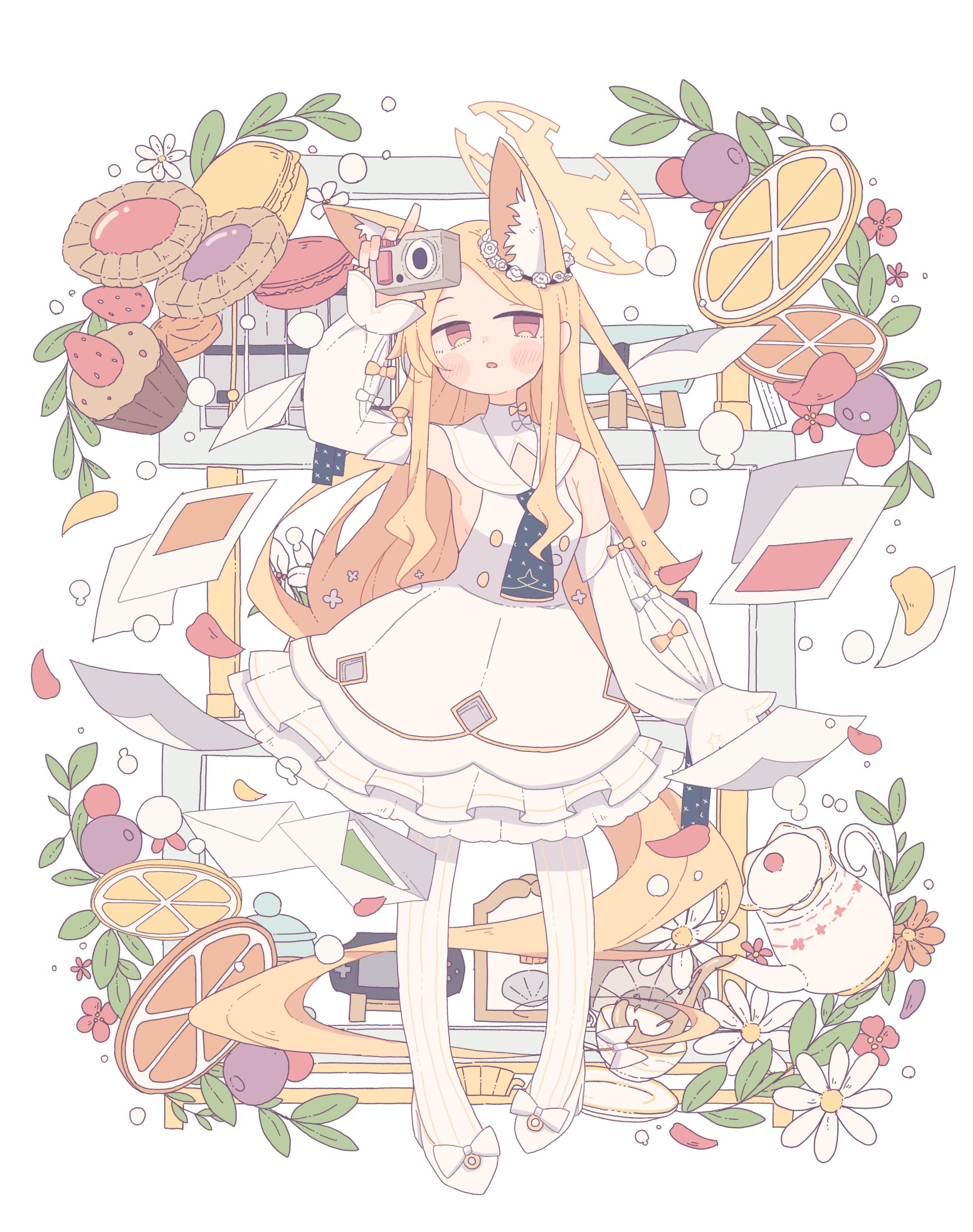 akashia (akasia313), seia (blue archive), blue archive, commentary, highres, 1girl, animal ear fluff, animal ears, arm up, bare shoulders, blonde hair, blush stickers, bow, camera, detached sleeves, dress, flower, food, footwear bow, fox ears, fox girl, fox tail, frilled dress, frills, fruit, full body, holding, holding camera, leaf, lemon, lemon slice, long hair, long sleeves, open mouth, orange (fruit), orange flower, orange slice, pantyhose, red eyes, red flower, shoes, sleeveless, sleeveless dress, solo, standing, striped clothes, striped pantyhose, tail, teapot, vertical-striped clothes, vertical-striped pantyhose, white bow, white dress, white flower, white pantyhose, white shoes, white sleeves