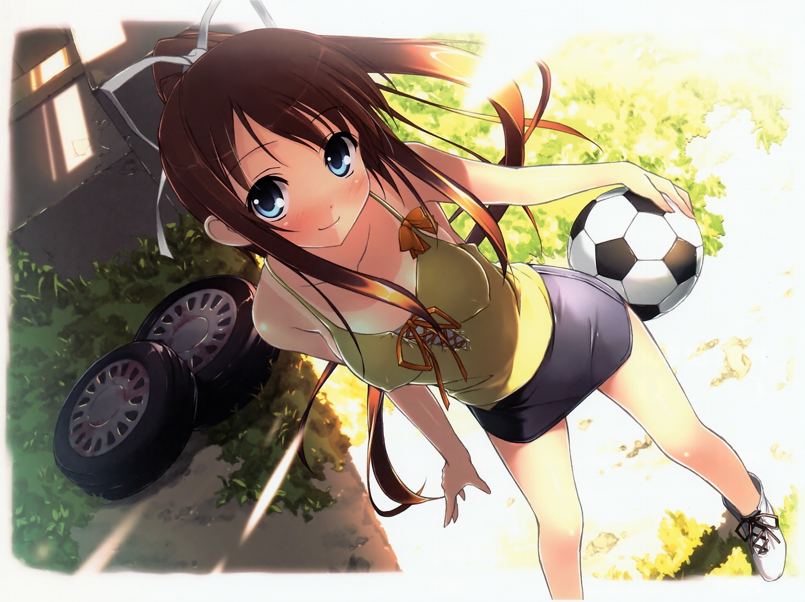 kantoku, miyazawa midori, natsu no ame, highres, 1girl, ball, blush, brown hair, dutch angle, female focus, ponytail, shirt tan, soccer ball, solo, tan, tanline, telstar