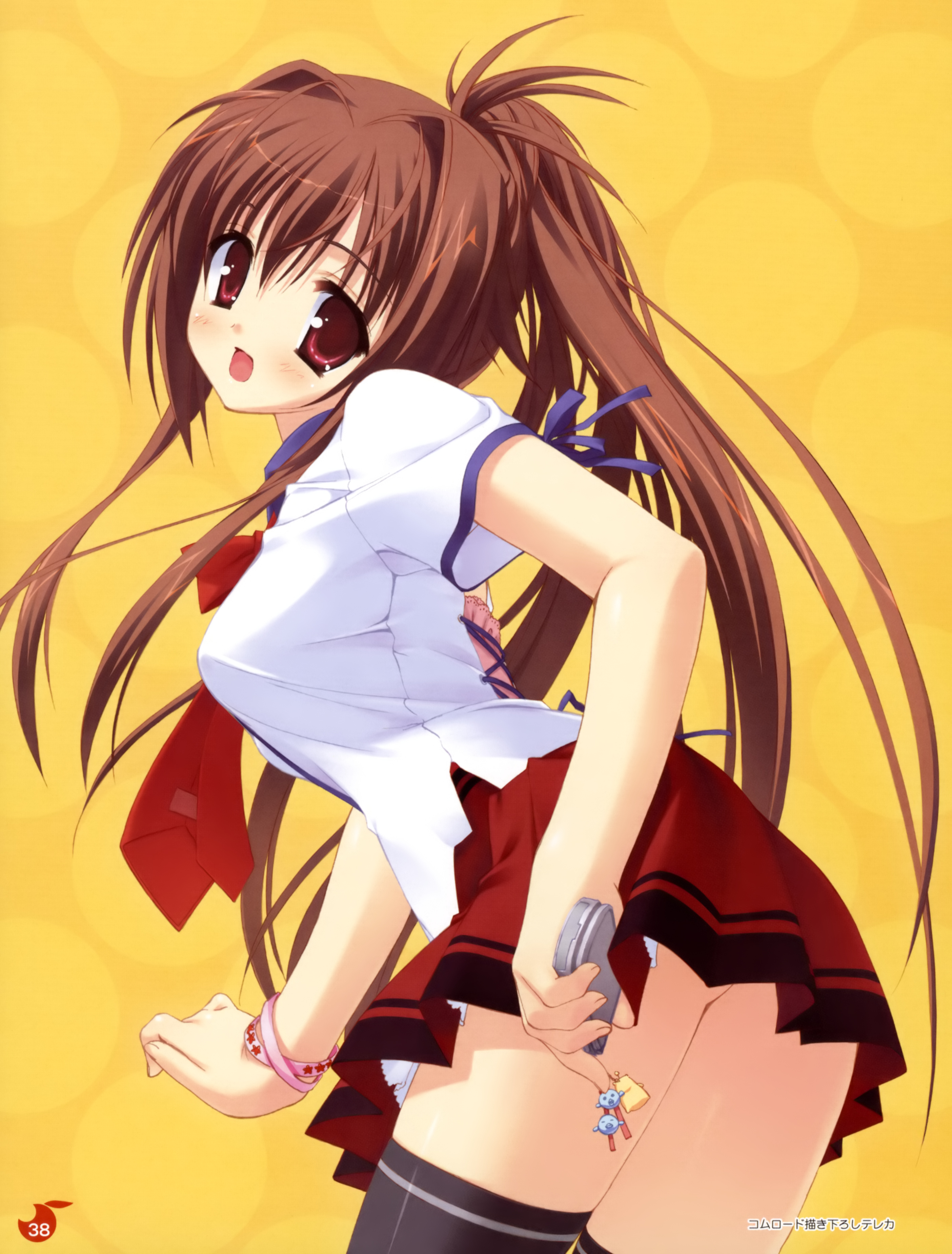 kobuichi, nakanoshima tae, bra-ban!, absurdres, highres, 1girl, brown hair, cellphone, cellphone charm, charm (object), female focus, necktie, phone, ponytail, red eyes, school uniform, shirt, solo, tareme, taut clothes, taut shirt, thighhighs, wristband