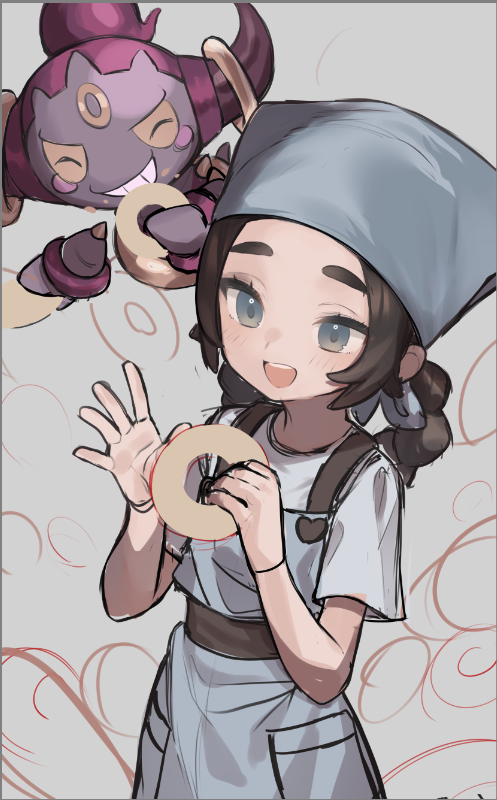 lazu0721, ansha (pokemon), hoopa, nintendo, pokemon, pokemon legends: z-a, 1girl, :d, apron, blue apron, blush, border, brown hair, cowboy shot, donut, food, gen 6 pokemon, green eyes, grey background, grey border, grey hat, hat, holding, holding donut, holding food, legendary pokemon, long hair, mythical pokemon, open mouth, pokemon (creature), shirt, short sleeves, sidelocks, smile, thick eyebrows, white shirt