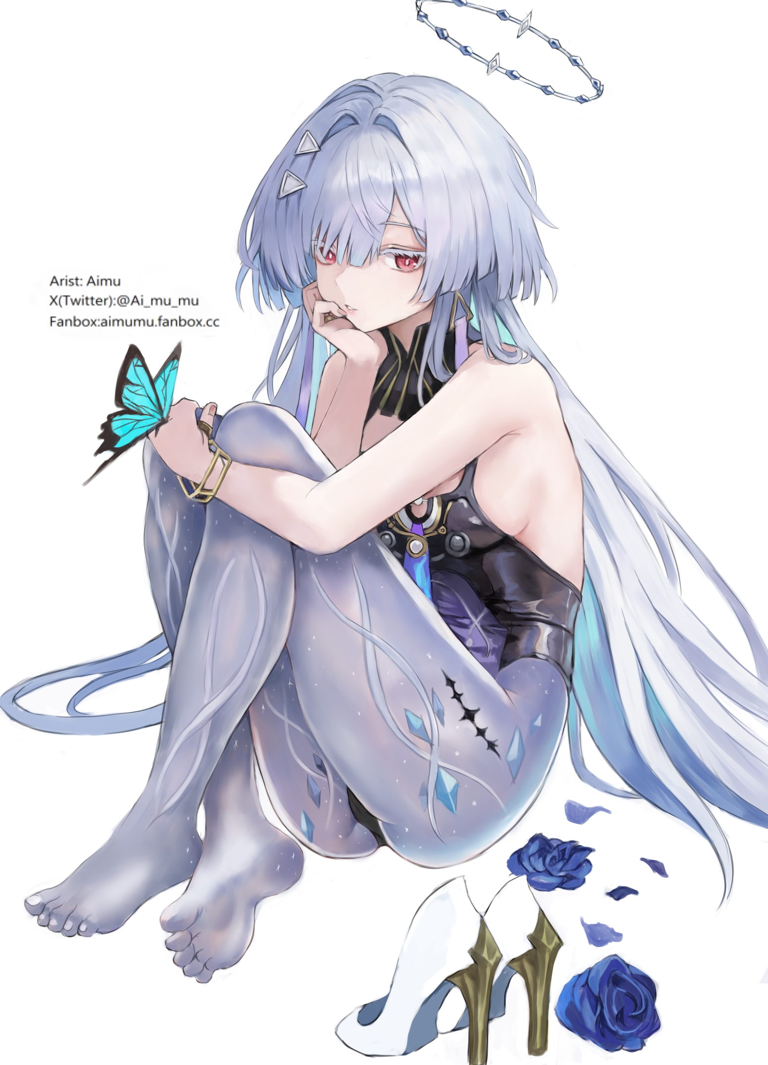 aimu (angry9565), mornye (wuthering waves), wuthering waves, commentary, highres, 1girl, adapted costume, bare shoulders, barefoot, black leotard, blue butterfly, blue flower, blue rose, breasts, bug, butterfly, butterfly on hand, colored eyelashes, flower, grey hair, hair intakes, hair over one eye, halo, hand up, high heels, insect, leotard, long hair, looking at viewer, medium breasts, no jacket, parted lips, red eyes, rose, see-through body, shoes, simple background, sitting, solo, tacet mark (wuthering waves), thighs, toes, unworn shoes, white background, white shoes