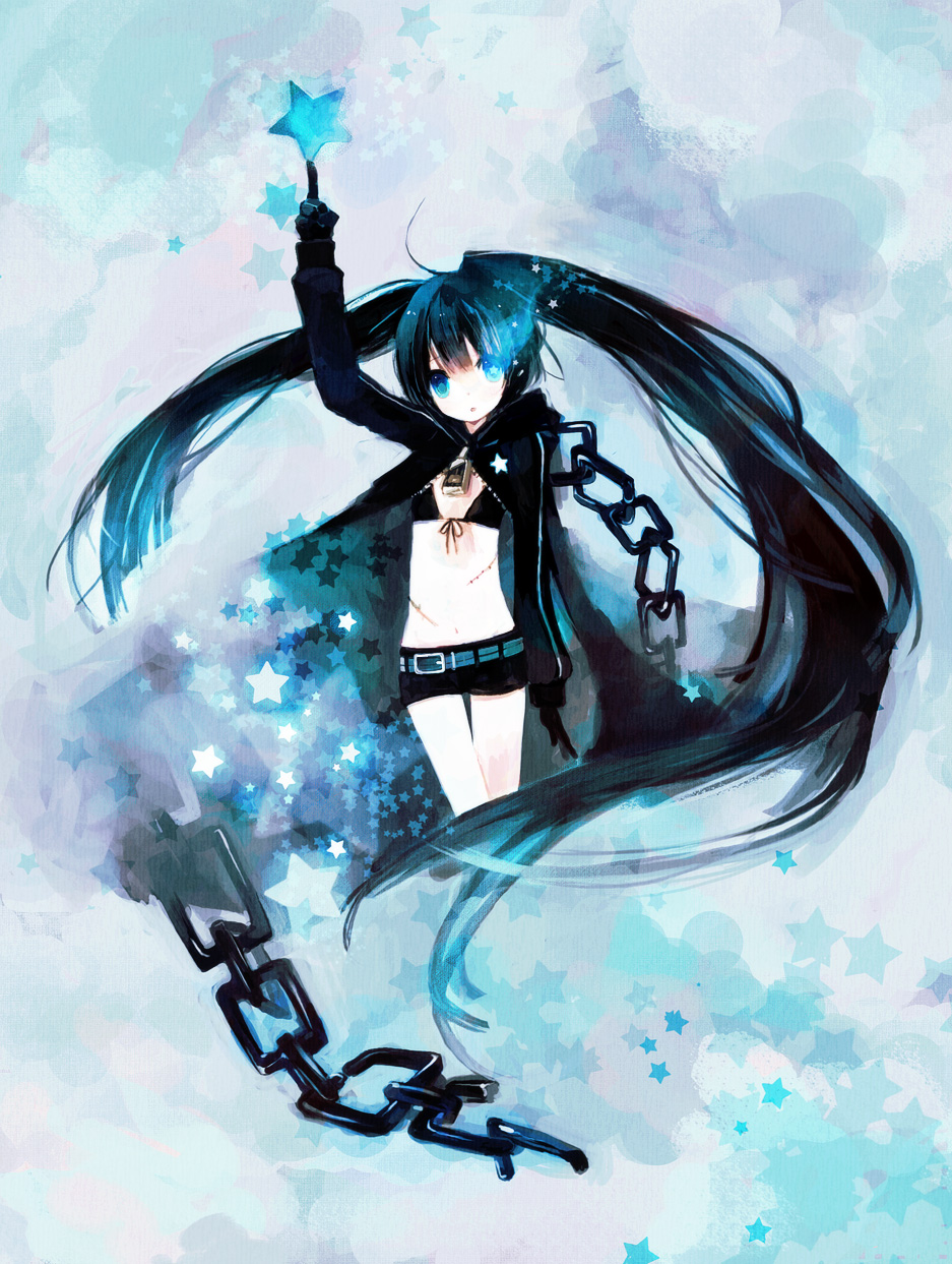 kashiwaba hisano, black rock shooter (character), black rock shooter, bad id, bad pixiv id, highres, 10s, 1girl, belt, bikini, bikini top only, black hair, blue eyes, blue theme, chain, coat, female focus, flat chest, glowing, glowing eyes, long hair, midriff, navel, pale skin, scar, shorts, solo, star (symbol), swimsuit, twintails, uneven twintails, very long hair