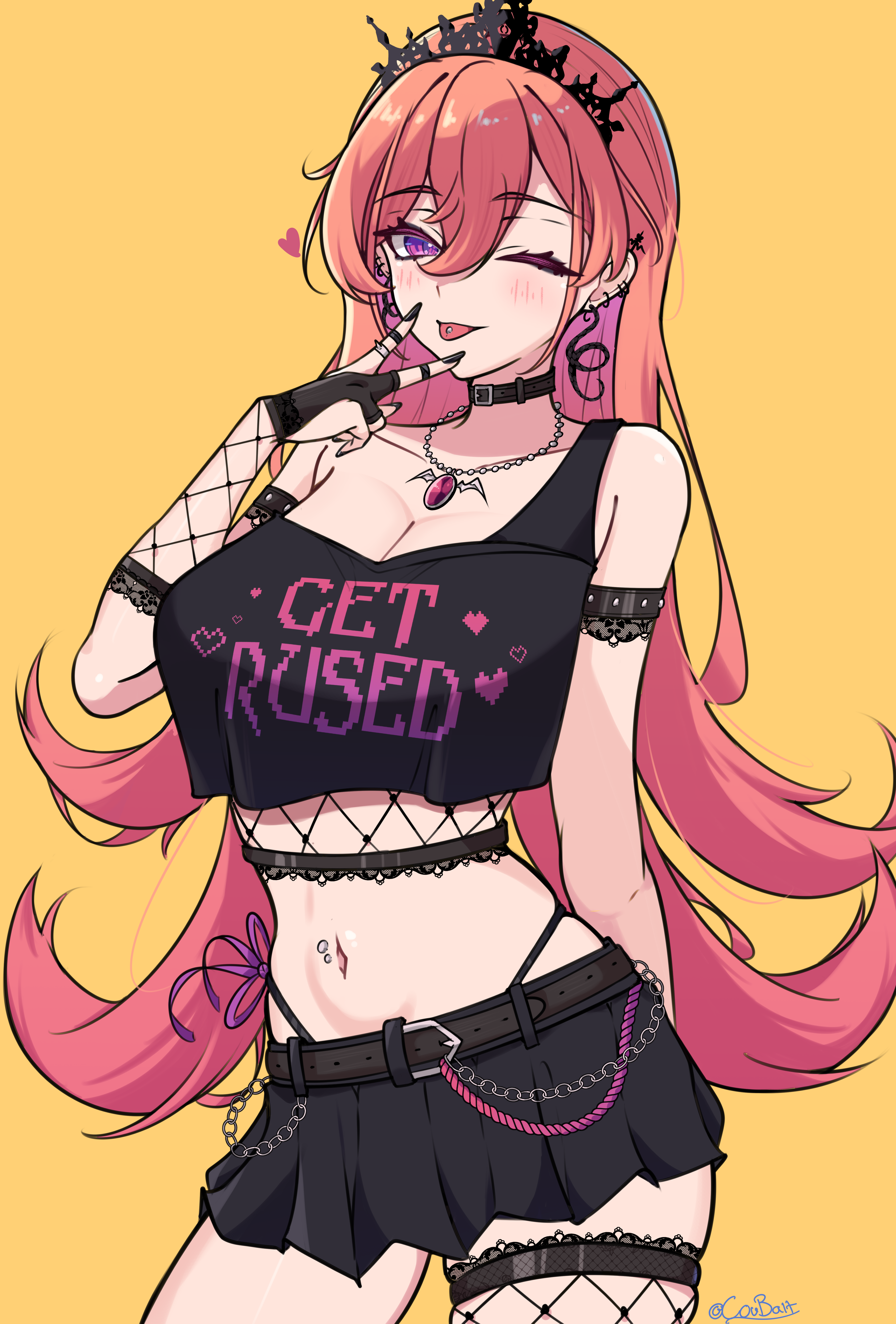 coubalty, runie ruse, phase connect, absurdres, commentary, english commentary, highres, second-party source, 1girl, belt, black belt, black nails, black skirt, black tiara, breasts, cleavage, clothes writing, earrings, fishnet thighhighs, fishnets, gradient hair, hair between eyes, jewelry, long hair, midriff, multicolored hair, navel, necklace, one eye closed, orange hair, panty straps, piercing, pink hair, purple eyes, single fishnet legwear, skirt, snake earrings, solo, thighhighs, tiara, tongue piercing, twitter username, virtual youtuber, yellow background