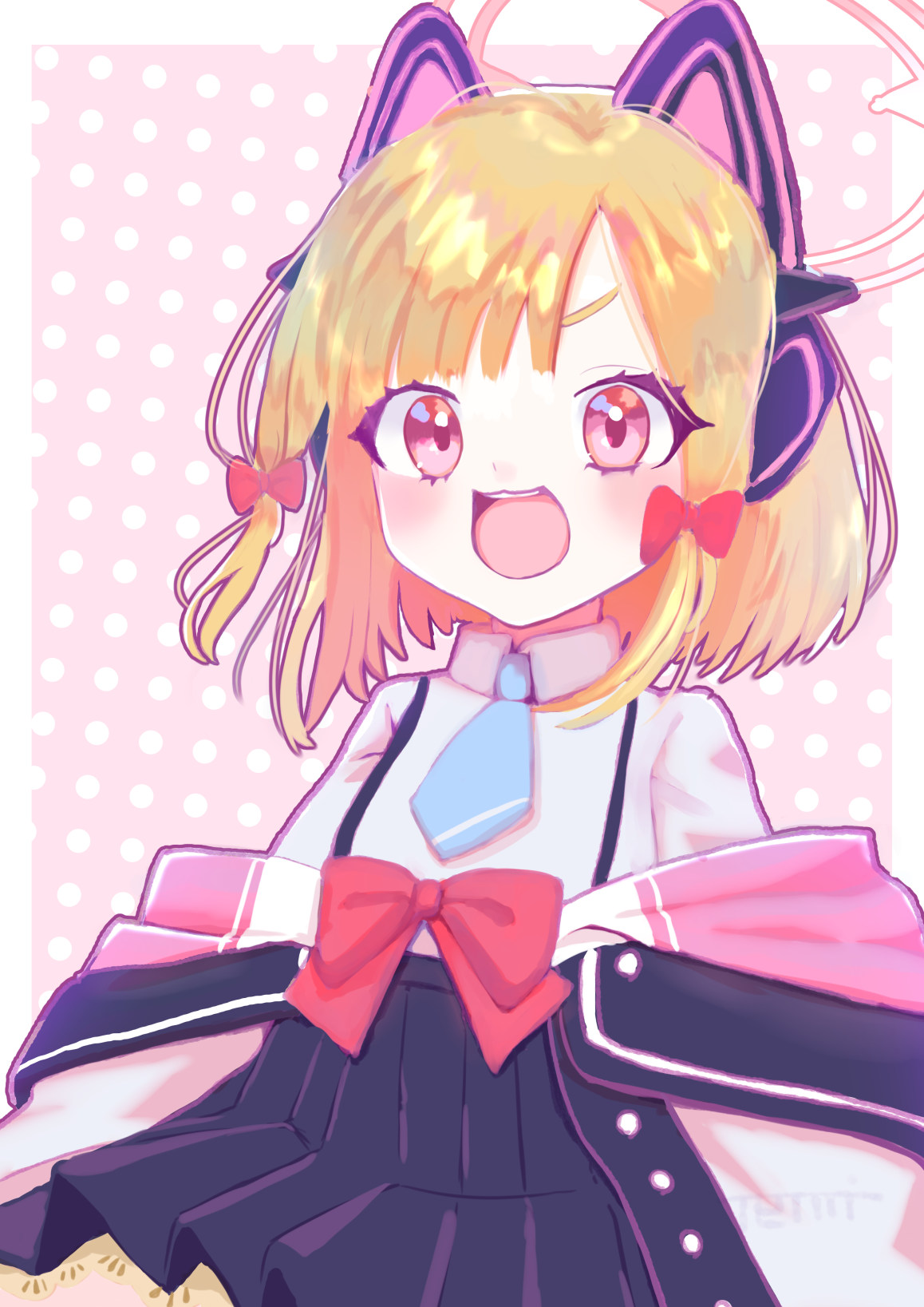 momoi (blue archive), blue archive, commentary request, highres, 1girl, black skirt, blonde hair, blue necktie, bow, cowboy shot, eyebrows hidden by hair, hair bow, high-waist skirt, jacket, jacket partially removed, medium hair, minato temiyage, miniskirt, necktie, open mouth, pink background, pink hair, polka dot, polka dot background, red bow, short necktie, signature, skirt, smile, solo, suspender skirt, suspenders, white jacket