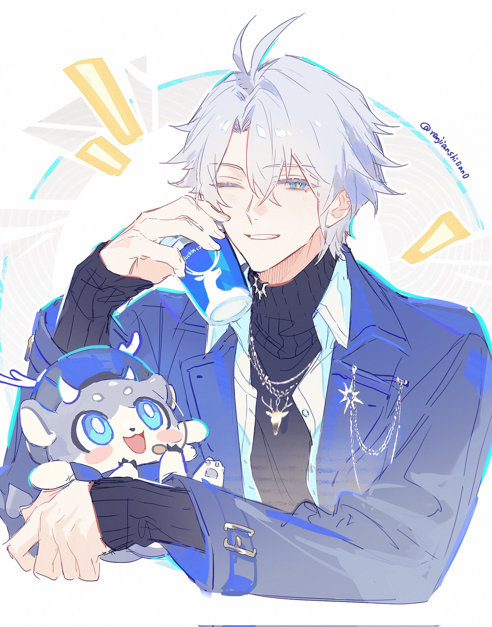 renjian shilian, phainon (honkai: star rail), phainon (luckin coffee) (honkai: star rail), honkai: star rail, honkai (series), highres, 1boy, antenna hair, blue eyes, blue jacket, coat, cup, disposable coffee cup, disposable cup, grey hair, jacket, one eye closed, open clothes, open coat, shirt, smile, sweater, teeth, turtleneck, turtleneck sweater, watermark, white shirt, yellow pupils