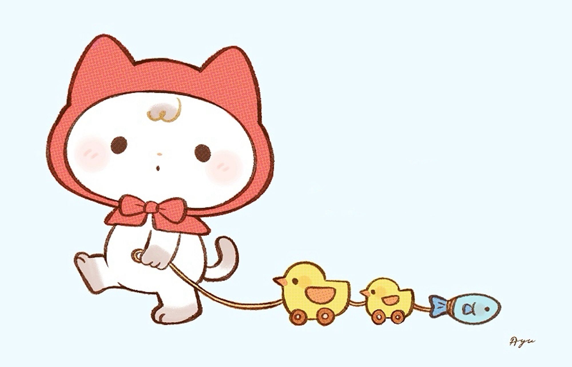 ayu (mog), original, commentary, english commentary, highres, animal, animal focus, animal hood, bird, blush, capelet, cat, cat hood, closed mouth, duck, fish, hood, hood up, hooded capelet, looking at viewer, no humans, red capelet, signature, simple background, solid circle eyes, toy train, white background