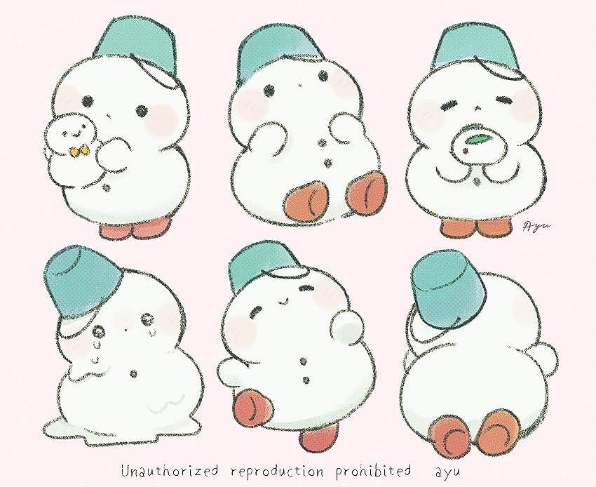 ayu (mog), original, commentary, english commentary, :<, artist name, bucket, closed eyes, closed mouth, melting, no humans, object on head, pink background, signature, simple background, smile, snowman, solid circle eyes, watermark
