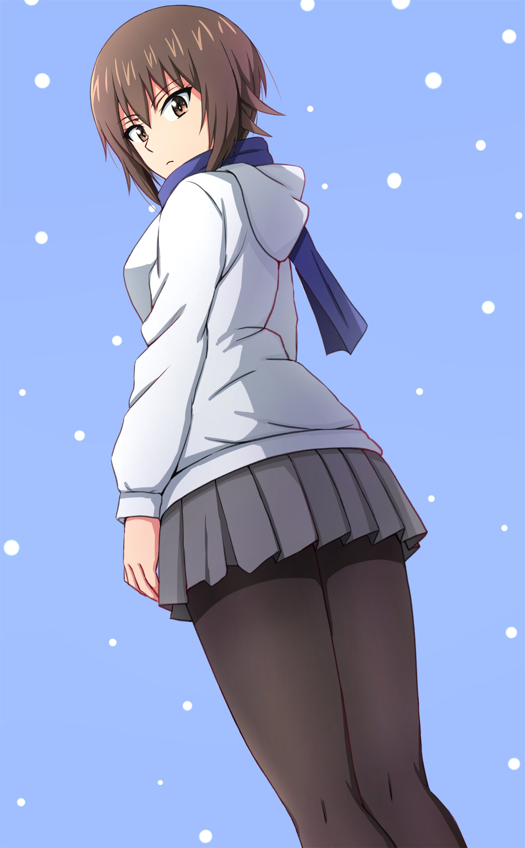 omachi (slabco), nishizumi maho, girls und panzer, absurdres, commentary request, highres, 1girl, alternate costume, back, black pantyhose, black skirt, blue background, blue jacket, blue scarf, brown eyes, brown hair, feet out of frame, jacket, looking at viewer, looking back, pantyhose, scarf, short hair, skirt, solo, standing