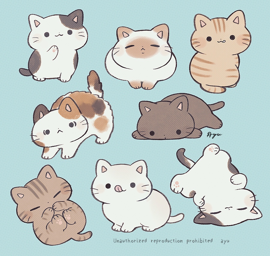 ayu (mog), original, commentary, english commentary, :3, :p, animal, animal focus, artist name, black cat, blue background, calico (pattern), calico cat, cat, closed eyes, closed mouth, no humans, orange cat, signature, simple background, smile, solid circle eyes, tongue, tongue out, watermark, whiskers, white cat