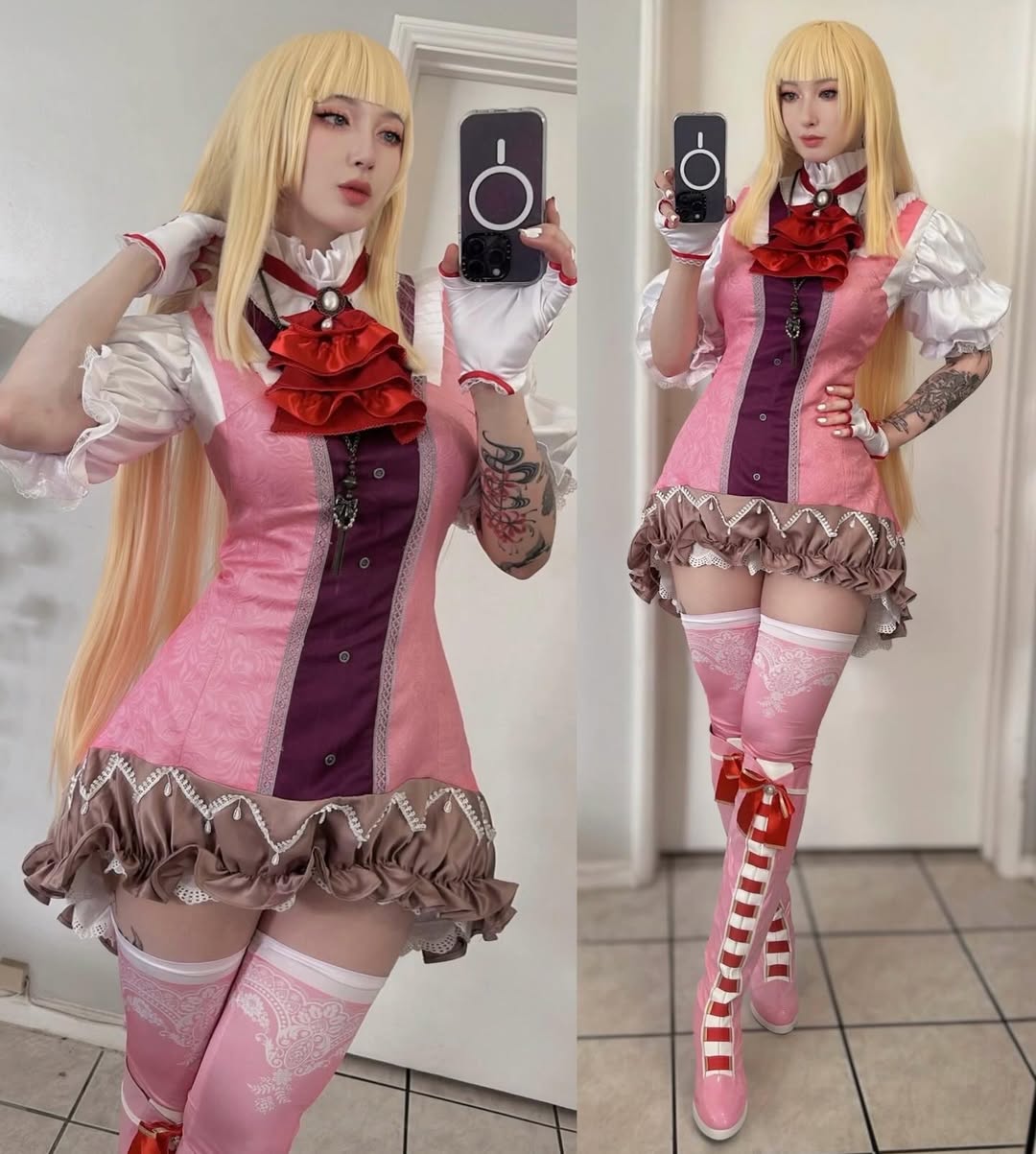 kintra cosplay, emilie de rochefort, real life, tekken, tekken 8, cosplay photo, photo (medium), 1girl, arm tattoo, blonde hair, boots, breasts, cellphone, cosplay, dress, emilie de rochefort (cosplay), fingerless gloves, gloves, hand on own hip, long hair, mirror selfie, phone, selfie, short sleeves, tattoo, thighhighs