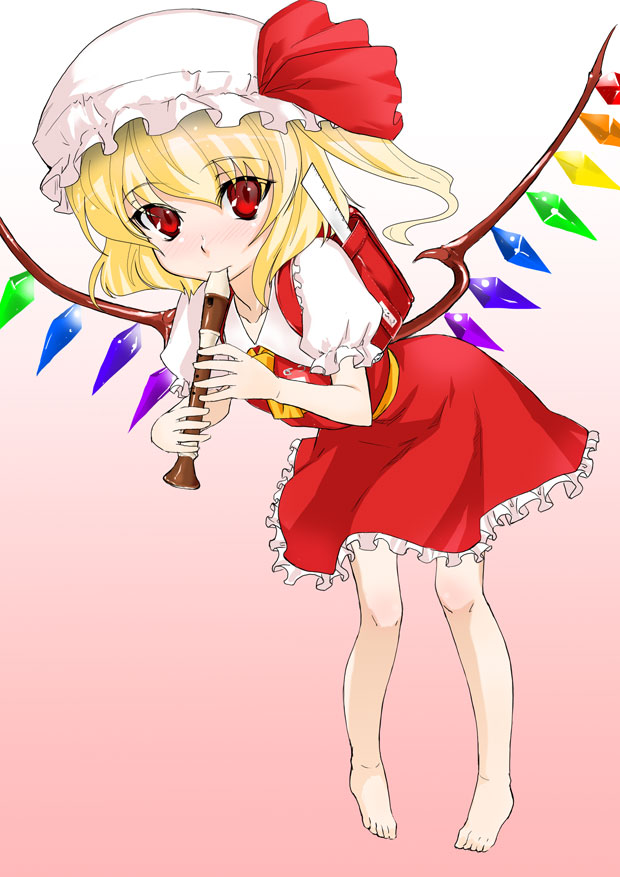meshiya, flandre scarlet, touhou, 1girl, backpack, bag, barefoot, bent over, blonde hair, blouse, feet, female focus, flute, full body, gradient background, hat, holding, holding flute, holding instrument, instrument, mob cap, randoseru, recorder, shirt, solo, standing, white background, white hat, white shirt, wings