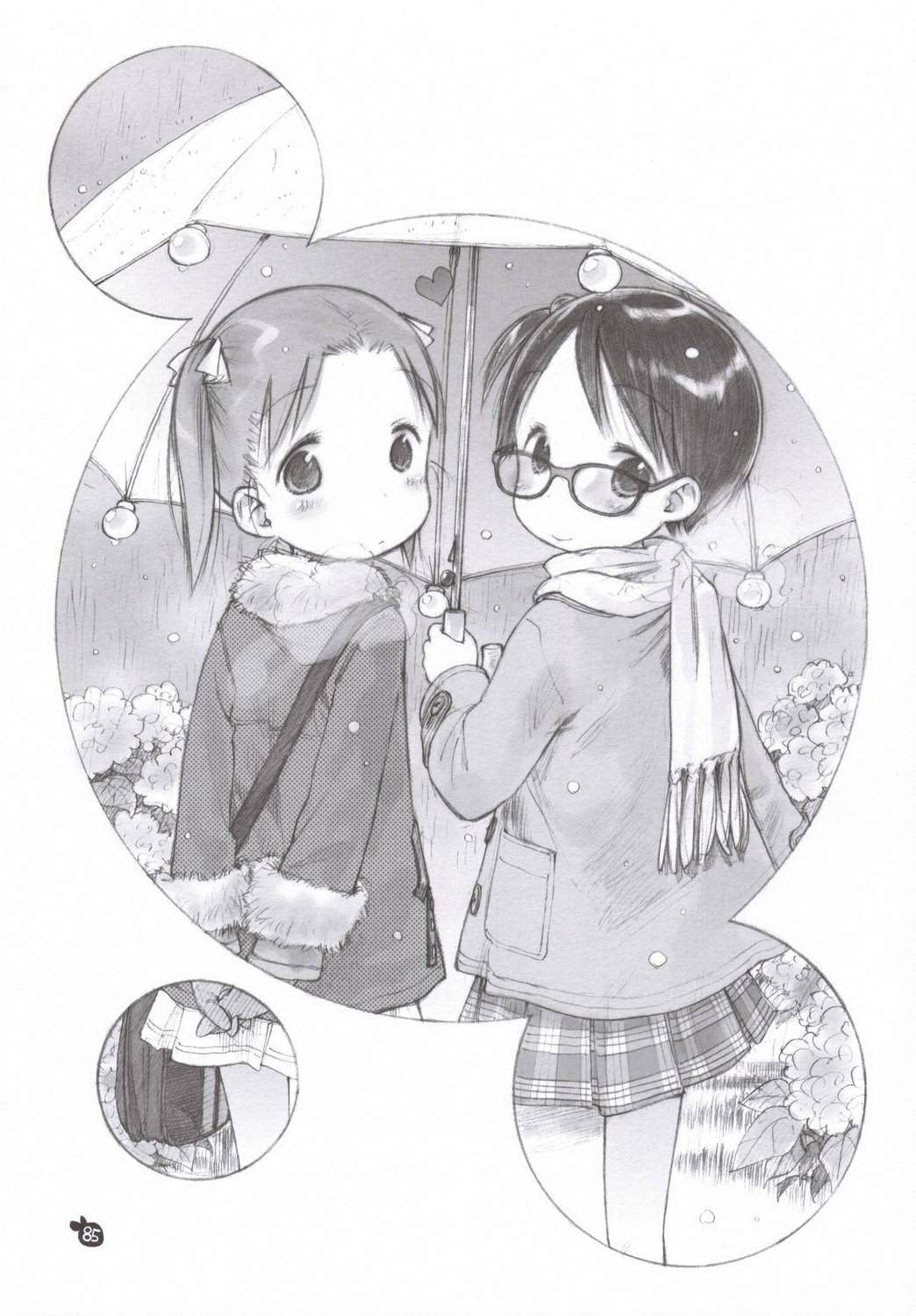 barasui, itou chika, matsuoka miu, ichigo mashimaro, highres, 2girls, bespectacled, child, glasses, greyscale, holding, holding umbrella, monochrome, multiple girls, rain, scarf, umbrella