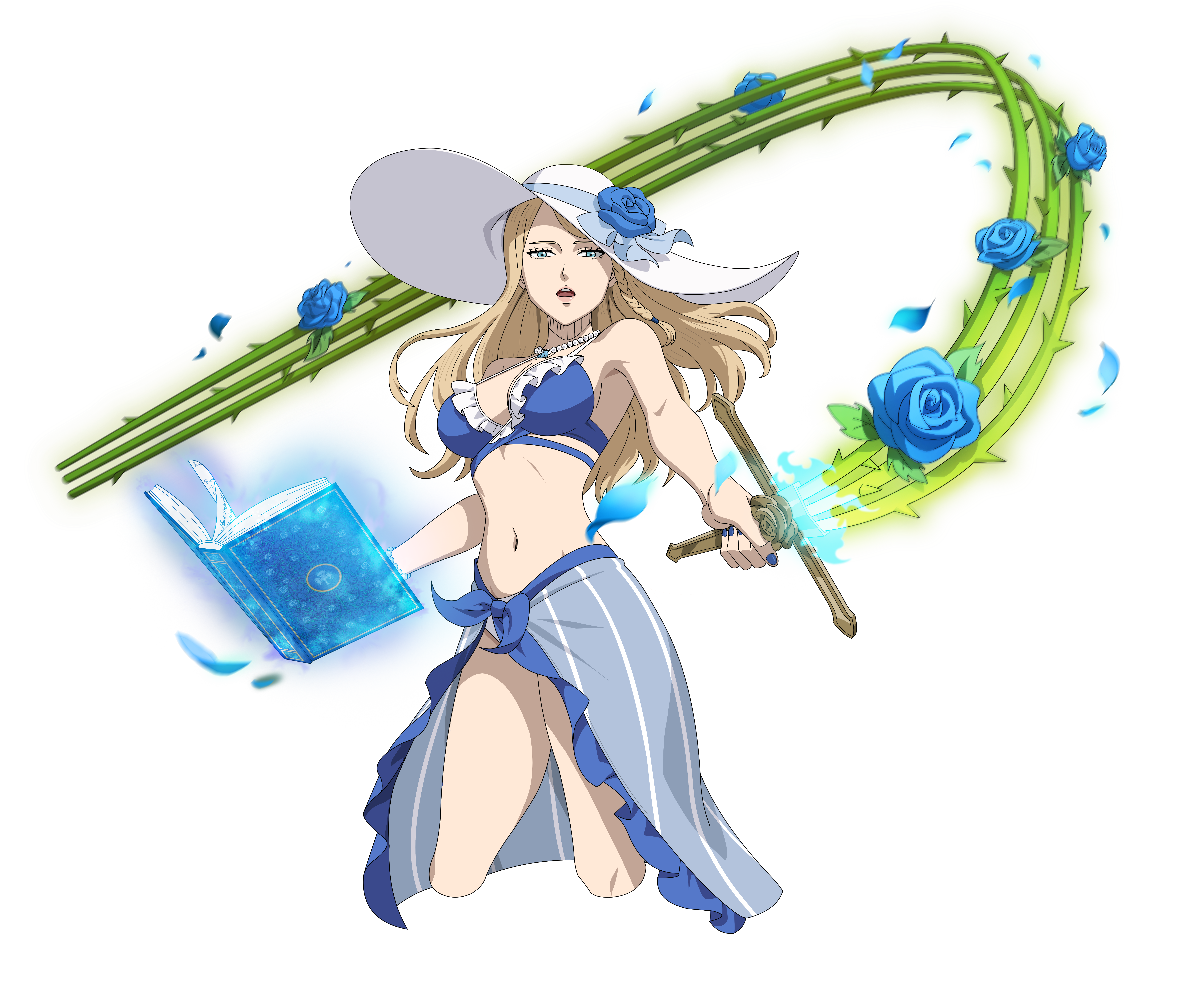 charlotte roselei, black clover, black clover m: rise of the wizard king, absurdres, highres, non-web source, official art, 1girl, bikini, blonde hair, blue bikini, blue eyes, blue flower, blue nails, blue petals, blue rose, blue sarong, book, breasts, criss-cross halter, flower, grimoire, halterneck, hat, hat flower, holding, holding sword, holding weapon, jewelry, large breasts, long hair, looking at viewer, magic, nail polish, navel, necklace, official alternate costume, open book, open mouth, pearl necklace, petals, plant, rose, rose petals, sarong, simple background, solo, sun hat, swimsuit, sword, teeth, transparent background, upper teeth only, vines, weapon, white hat
