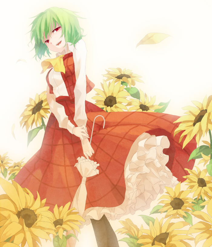 shion (mamuring), shionty, kazami yuuka, touhou, 1girl, ascot, closed umbrella, female focus, flower, green hair, pantyhose, petticoat, plaid clothes, plaid skirt, plaid vest, red eyes, short hair, skirt, skirt set, solo, sunflower, umbrella, vest
