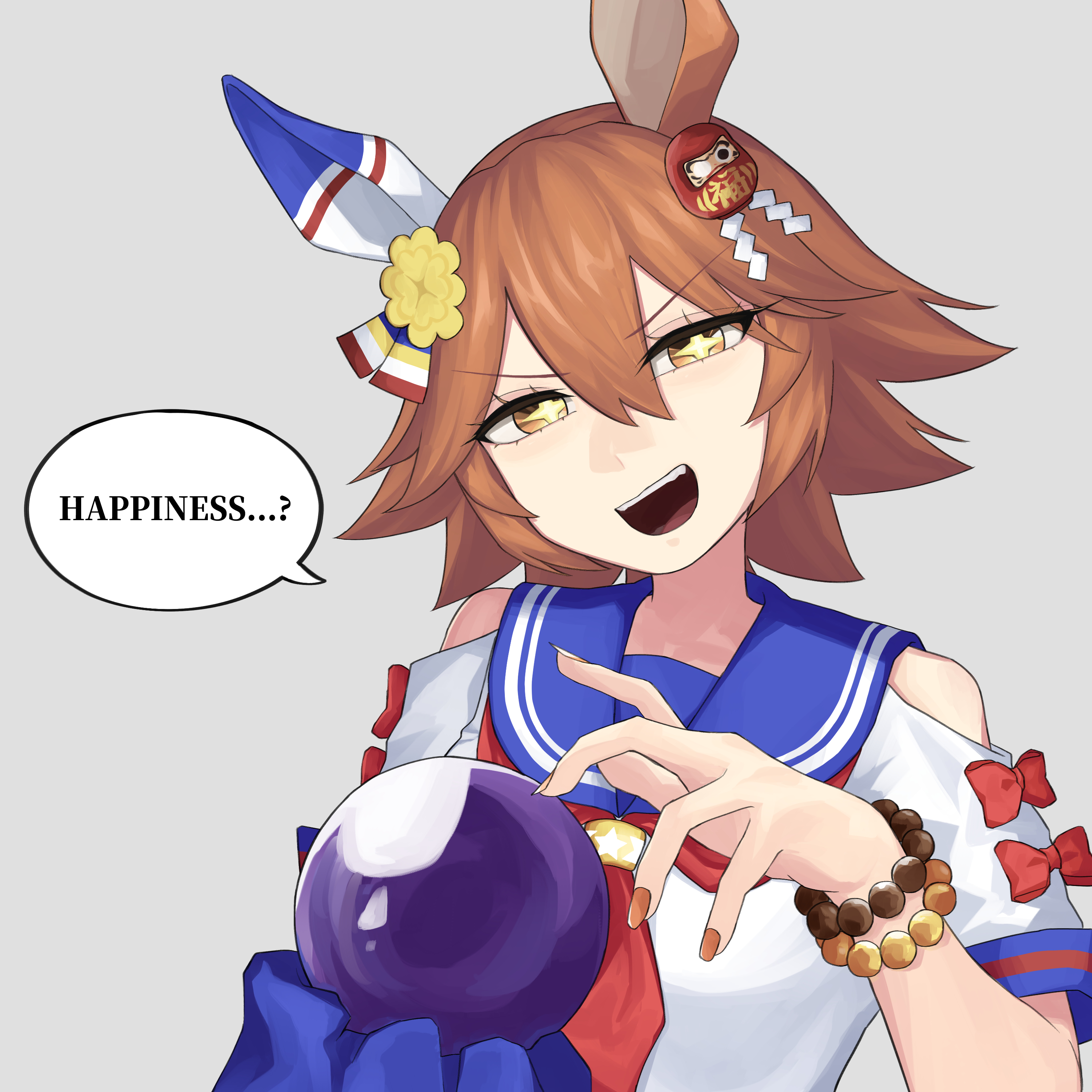 sanada ina, matikanefukukitaru (rising fortune) (umamusume), matikanefukukitaru (umamusume), umamusume, absurdres, commentary request, highres, + +, 1girl, animal ears, bare shoulders, bead bracelet, beads, blue sailor collar, bracelet, clothing cutout, daruma doll, ear covers, english text, fingernails, flipped hair, grey background, hair between eyes, holding, holding orb, horse ears, horse girl, jewelry, nail polish, neckerchief, open mouth, orange eyes, orange hair, orange nails, orb, red neckerchief, sailor collar, shirt, short hair, shoulder cutout, simple background, single ear cover, smile, solo, speech bubble, teeth, upper body, upper teeth only, v-shaped eyebrows, white shirt