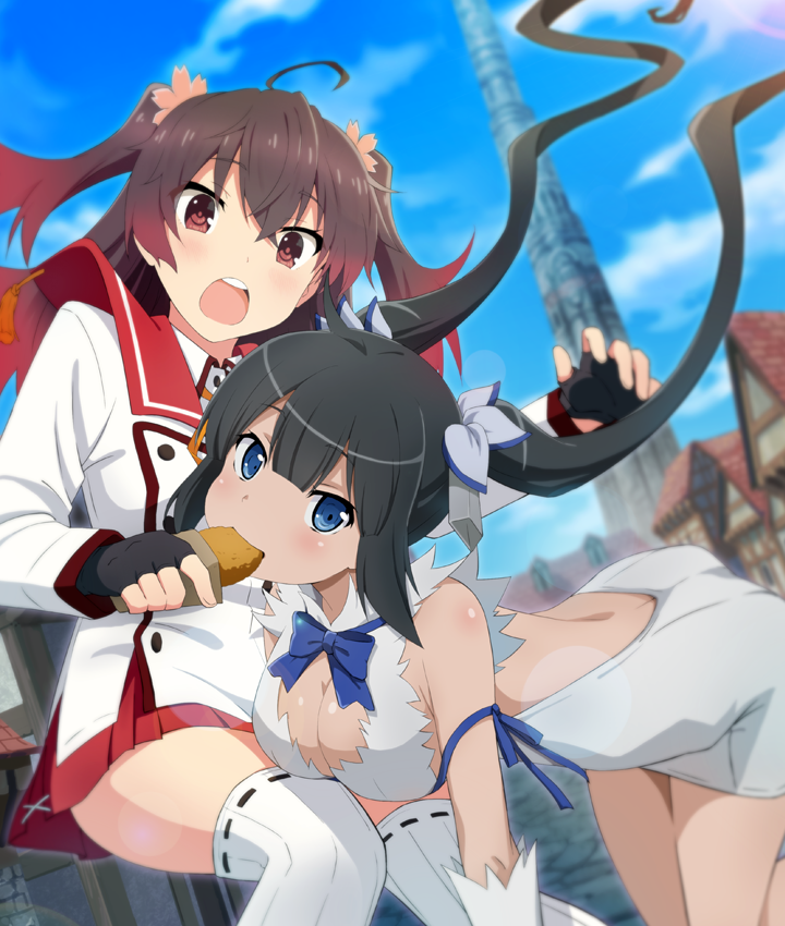 asakura mihono, hestia (danmachi), dungeon ni deai wo motomeru no wa machigatteiru darou ka, toji no miko, toji no miko: kizamishi issen no tomoshibi, game cg, official art, third-party source, 2girls, :o, ahoge, backless outfit, bare back, bent over, black hair, blue bow, blue eyes, blue ribbon, blue sky, bow, breasts, brown hair, buttons, cleavage, cloud, cobblestone, crossover, day, dot nose, dress, dutch angle, eating, elbow gloves, flower, gloves, gradient hair, hair flower, hair ornament, house, kneeling, large breasts, lens flare, long hair, looking at viewer, medium hair, minoseki gakuin uniform, multicolored hair, multiple girls, open mouth, outdoors, pink flower, red hair, red sailor collar, rei no himo, ribbon, sailor collar, school uniform, shirt, sky, stone walkway, striped clothes, striped thighhighs, teeth, thighhighs, tower, town, twintails, upper teeth only, vertical-striped clothes, vertical-striped thighhighs, very long hair, white dress, white gloves, white shirt, white thighhighs