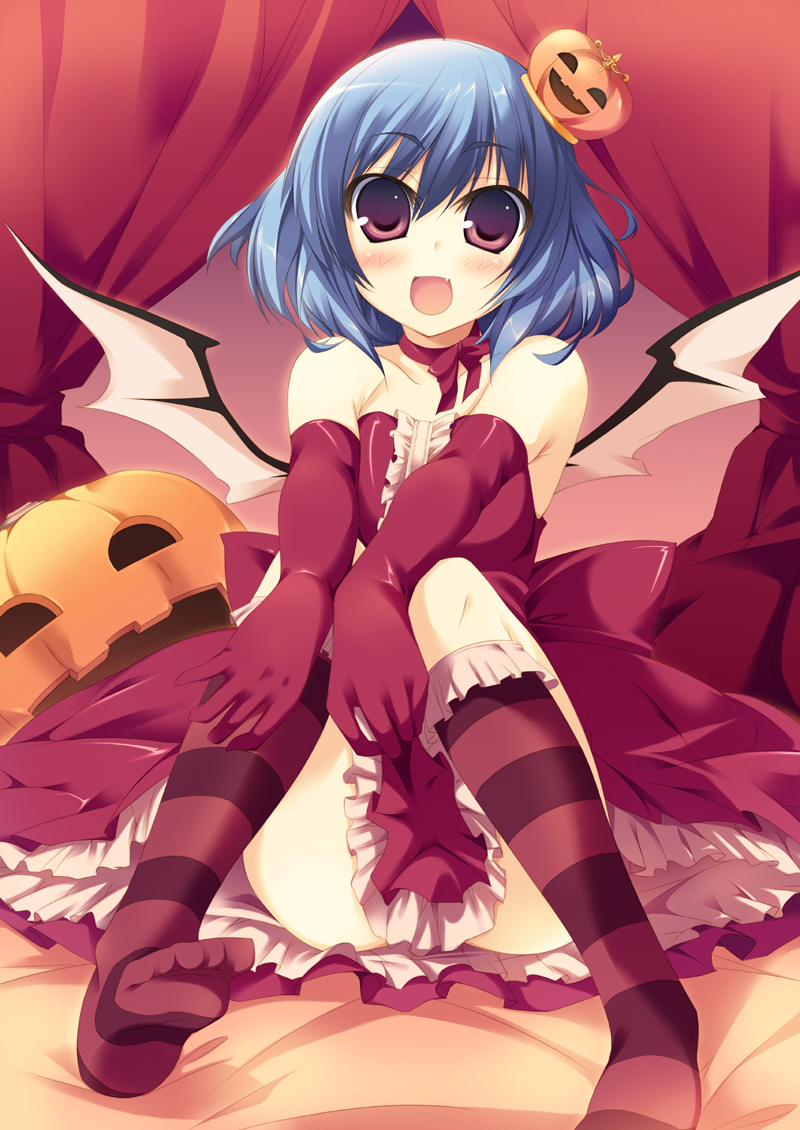 amanooni touri, remilia scarlet, touhou, striped, bad id, bad pixiv id, 1girl, :d, alternate costume, blue hair, blush, choker, curtains, elbow gloves, fang, feet, female focus, food-themed hair ornament, gloves, hair ornament, halloween, jack-o'-lantern, kneehighs, open mouth, pumpkin, pumpkin hair ornament, red skirt, short hair, skirt, smile, socks, solo, toes, wings