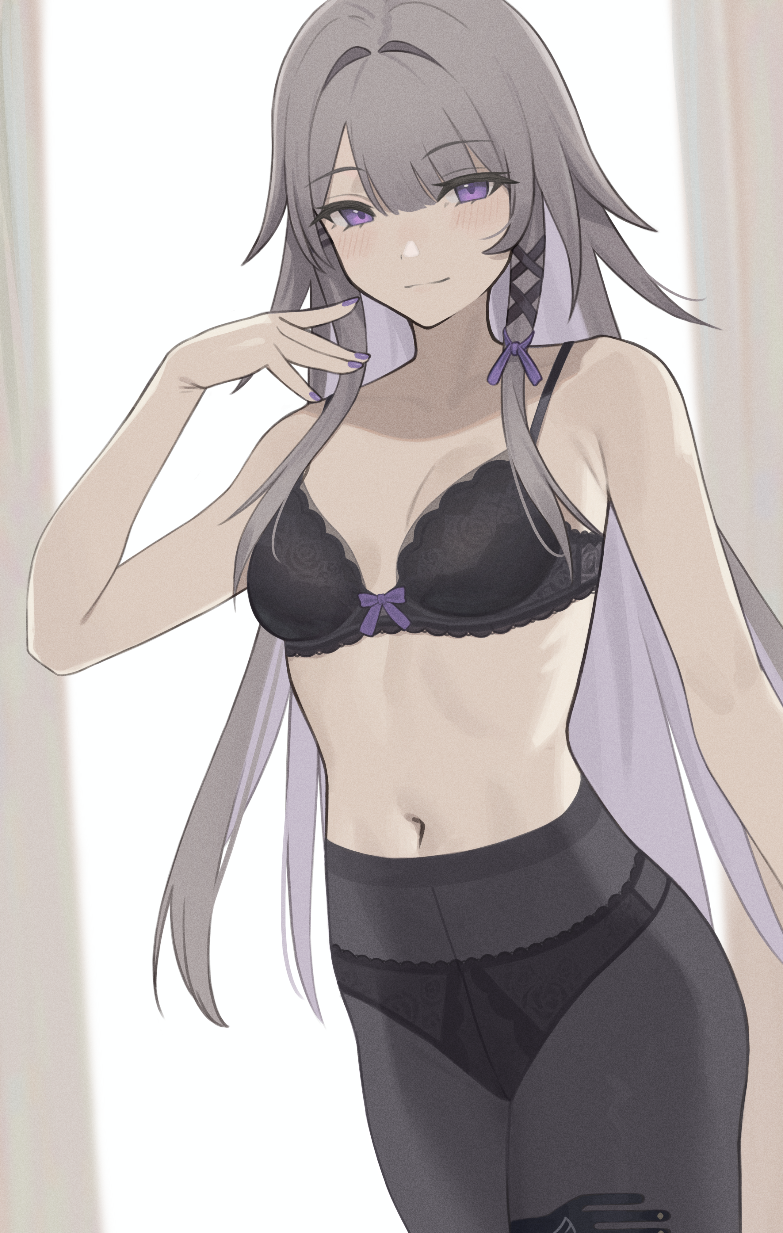 ziddol, herta (honkai: star rail), the herta (honkai: star rail), honkai: star rail, honkai (series), absurdres, commentary, highres, 1girl, bare shoulders, black bra, black panties, black pantyhose, bra, breasts, cleavage, closed mouth, grey hair, hair intakes, hair ribbon, hand up, light blush, long hair, looking at viewer, medium breasts, nail polish, navel, panties, panties under pantyhose, pantyhose, purple eyes, purple nails, purple ribbon, ribbon, smile, solo, stomach, underwear