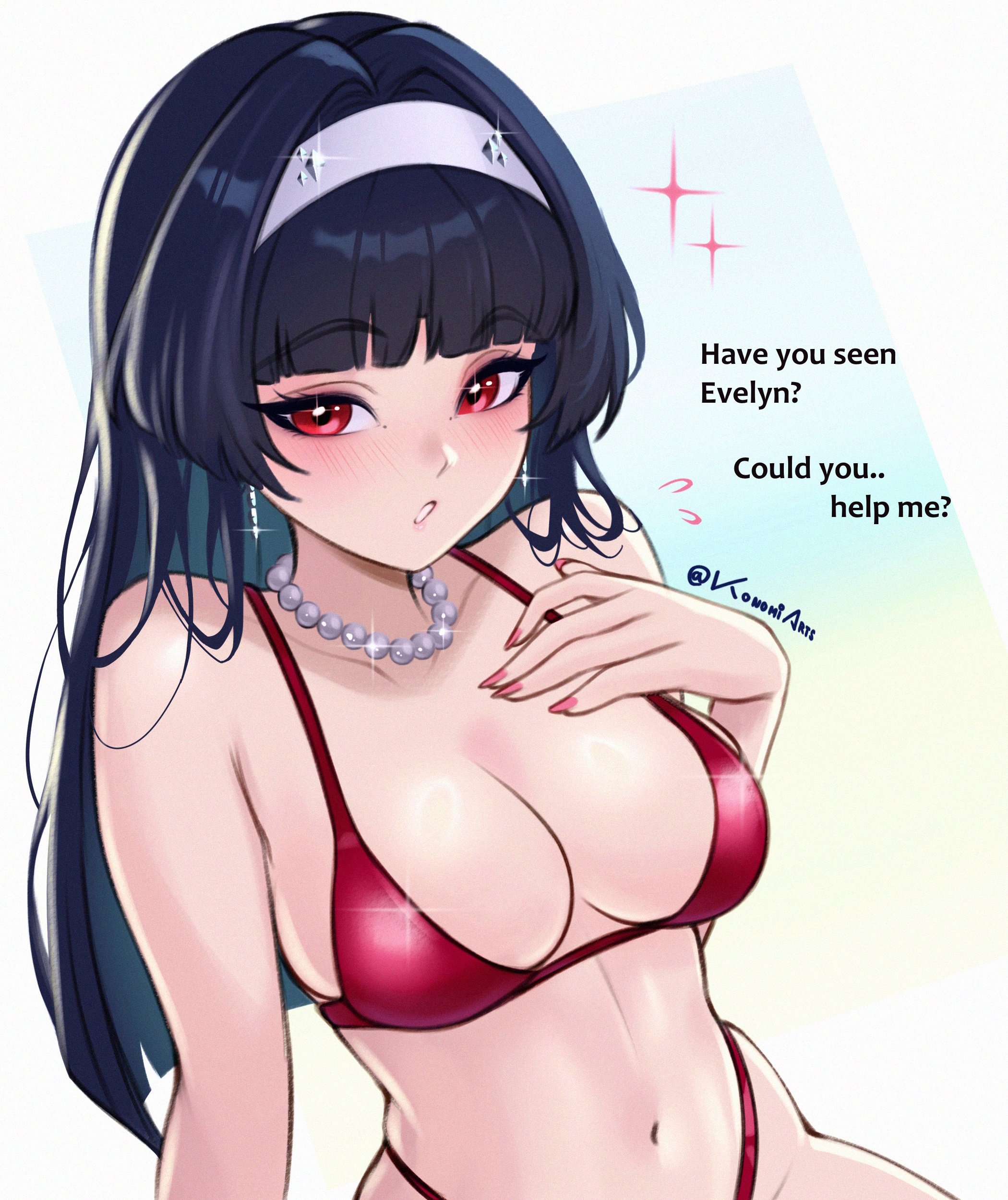konomidraws, astra yao, zenless zone zero, absurdres, commentary, english commentary, highres, 1girl, alternate costume, arm at side, bare shoulders, bikini, black hair, blunt bangs, blush, breasts, collarbone, cowboy shot, diamond hairband, earrings, english text, fingernails, flying sweatdrops, hairband, hand on own chest, jewelry, large breasts, long fingernails, long hair, looking at viewer, nail polish, navel, necklace, parted lips, pearl necklace, pink nails, red bikini, red eyes, solo, sparkle, swimsuit, twitter username, white background, white hairband