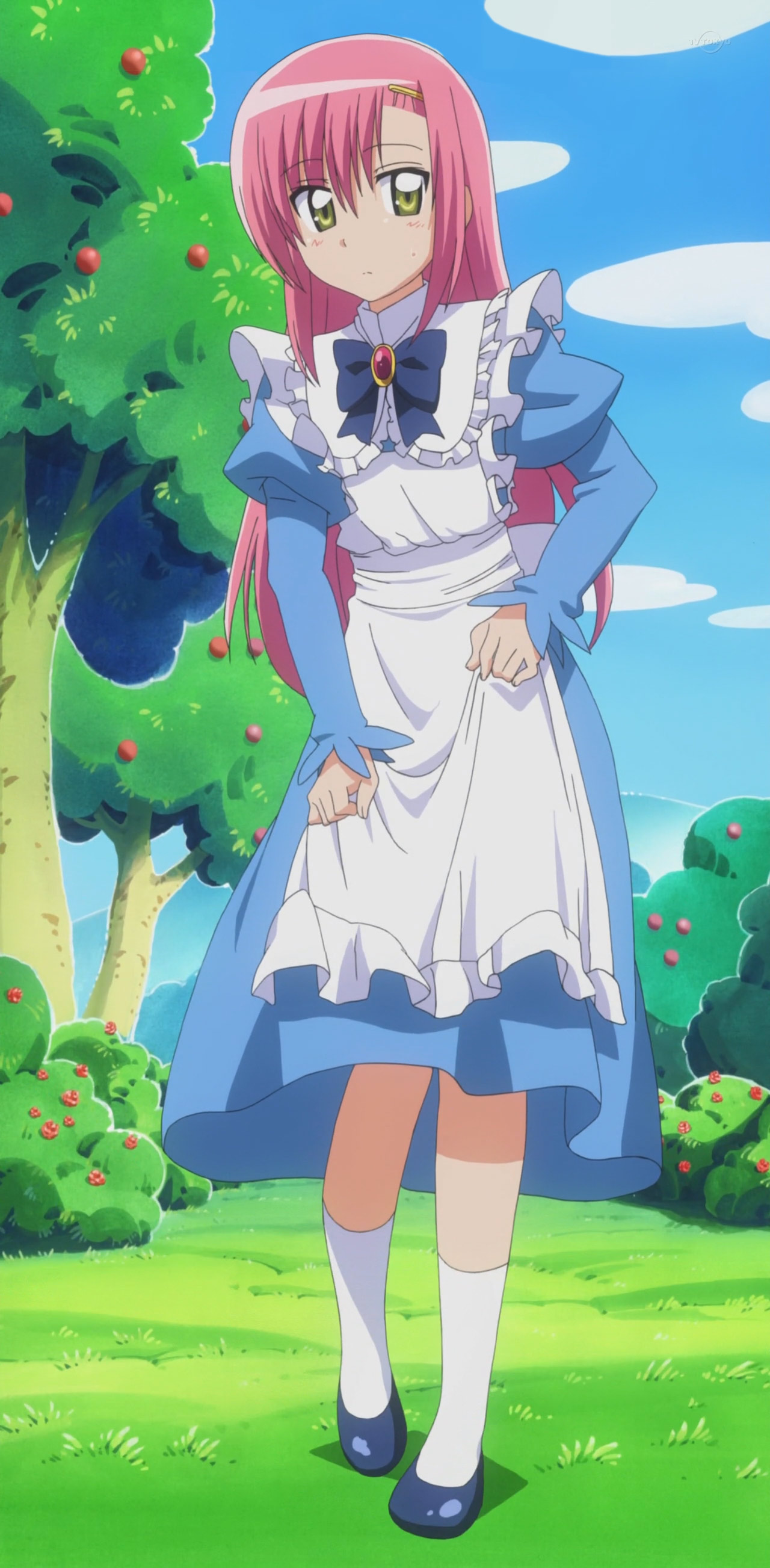 alice (alice in wonderland), katsura hinagiku, alice's adventures in wonderland, hayate no gotoku!, absurdres, anime screenshot, highres, stitched, third-party edit, 1girl, alice (alice in wonderland) (cosplay), cosplay, dress, female focus, full body, long hair, nature, outdoors, pink hair, sky, solo, yellow eyes