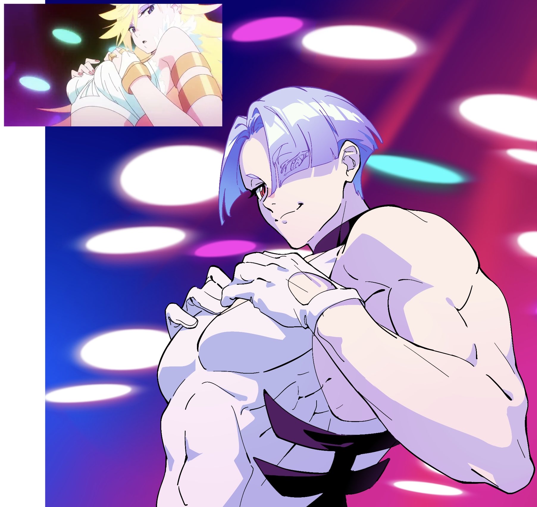 bb zatta, panty (psg), polyester (psg), panty & stocking with garterbelt, commentary request, highres, 1boy, biceps, black choker, bodysuit, choker, closed mouth, covered abs, gloves, hands on own chest, looking at viewer, male focus, muscular, muscular male, purple hair, red eyes, scene reference, smile, solo, white gloves