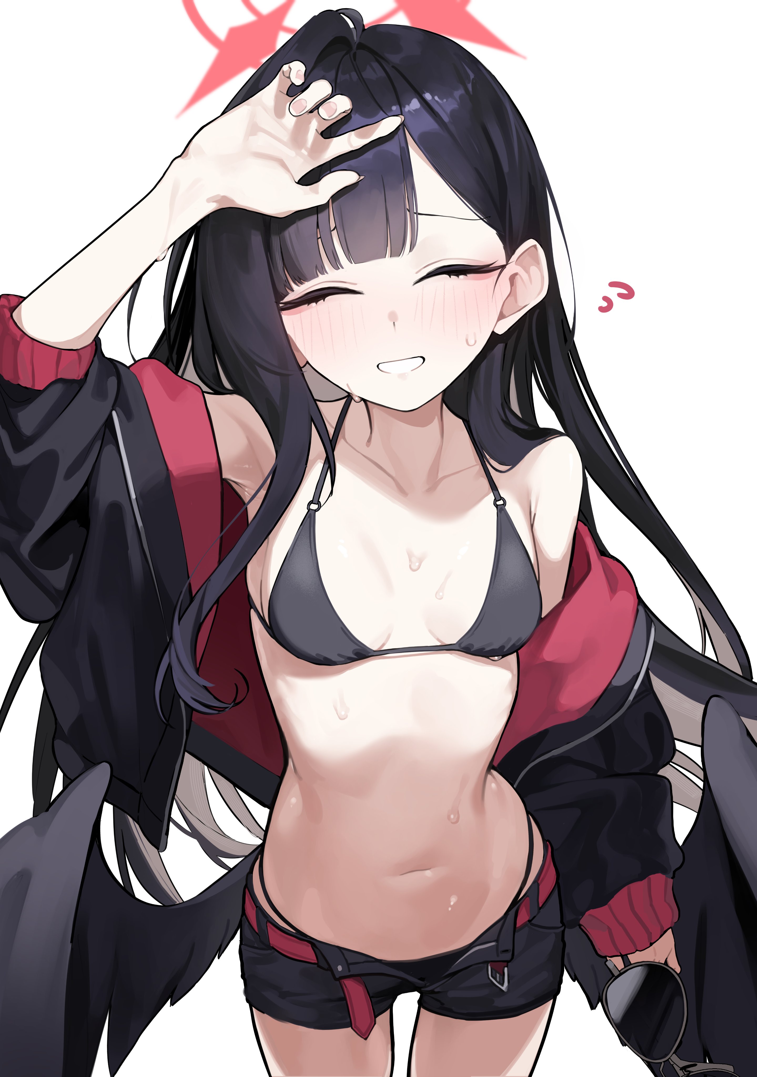 fataaa, ichika (blue archive), ichika (swimsuit) (blue archive), blue archive, absurdres, highres, variant set, 1girl, arm at side, arm up, armpits, bare shoulders, belt, bikini, bikini bottom under shorts, bikini under clothes, black bikini, black hair, black jacket, black shorts, black wings, blush, breasts, closed eyes, cowboy shot, facing viewer, flying sweatdrops, furrowed brow, halo, holding, holding removed eyewear, jacket, long hair, long sleeves, low wings, navel, nervous smile, official alternate costume, open clothes, open fly, open jacket, open mouth, open shorts, red halo, short shorts, shorts, simple background, small breasts, smile, solo, stomach, sunglasses, sweat, sweatdrop, swimsuit, unworn eyewear, white background, wings