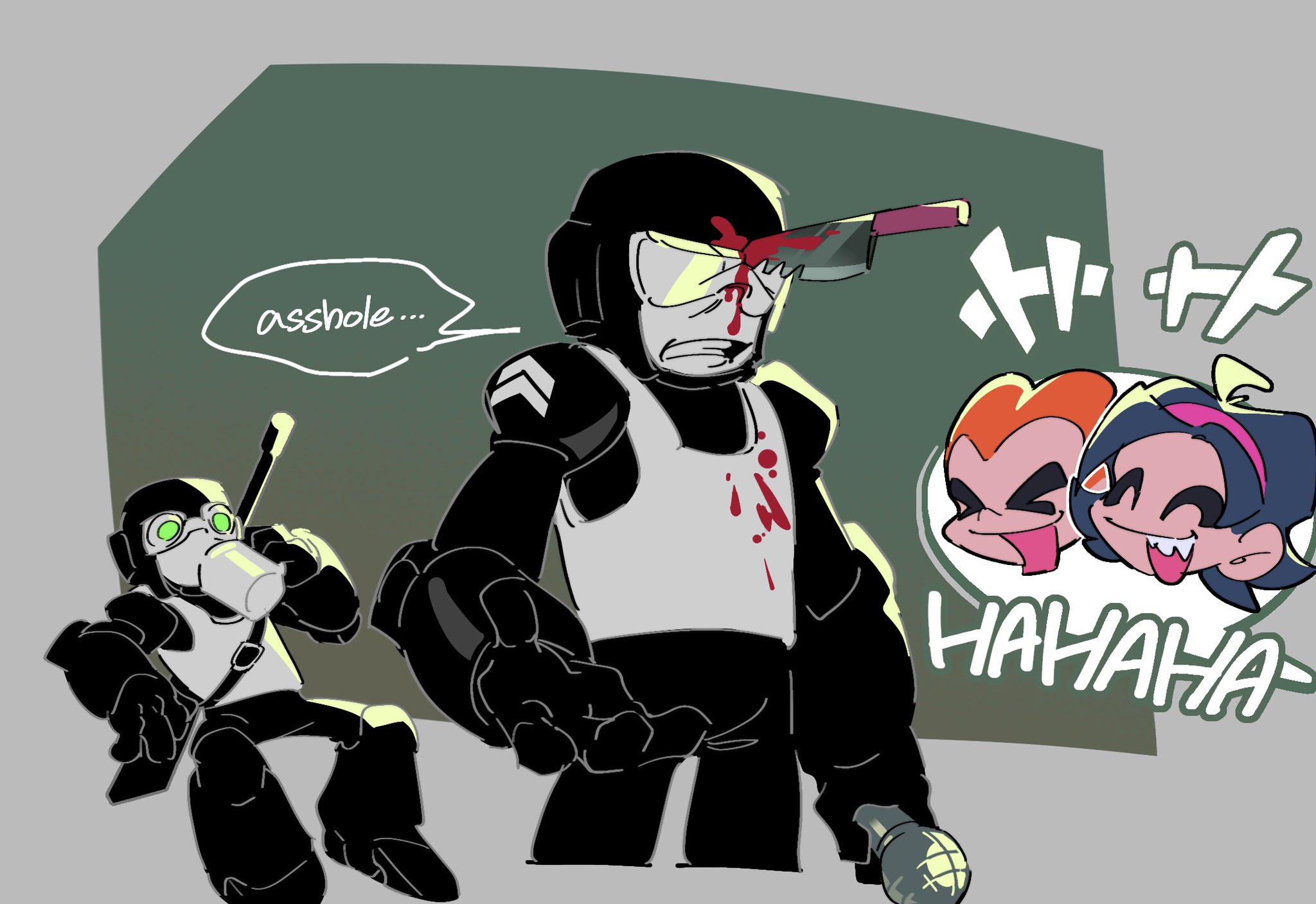 bb zatta, nene (newgrounds), pico (newgrounds), tankman (newgrounds), friday night funkin', newgrounds, pico (newgrounds series), highres, > <, 1girl, 3boys, angry, armor, black hair, blood, clenched teeth, cup, drinking, gun, john captain, knife, knife in head, laughing, microphone, mug, multiple boys, object through head, orange hair, rifle, sharp teeth, sniper rifle, standing, tankmen, ted (newgrounds), teeth, weapon, weapon on back