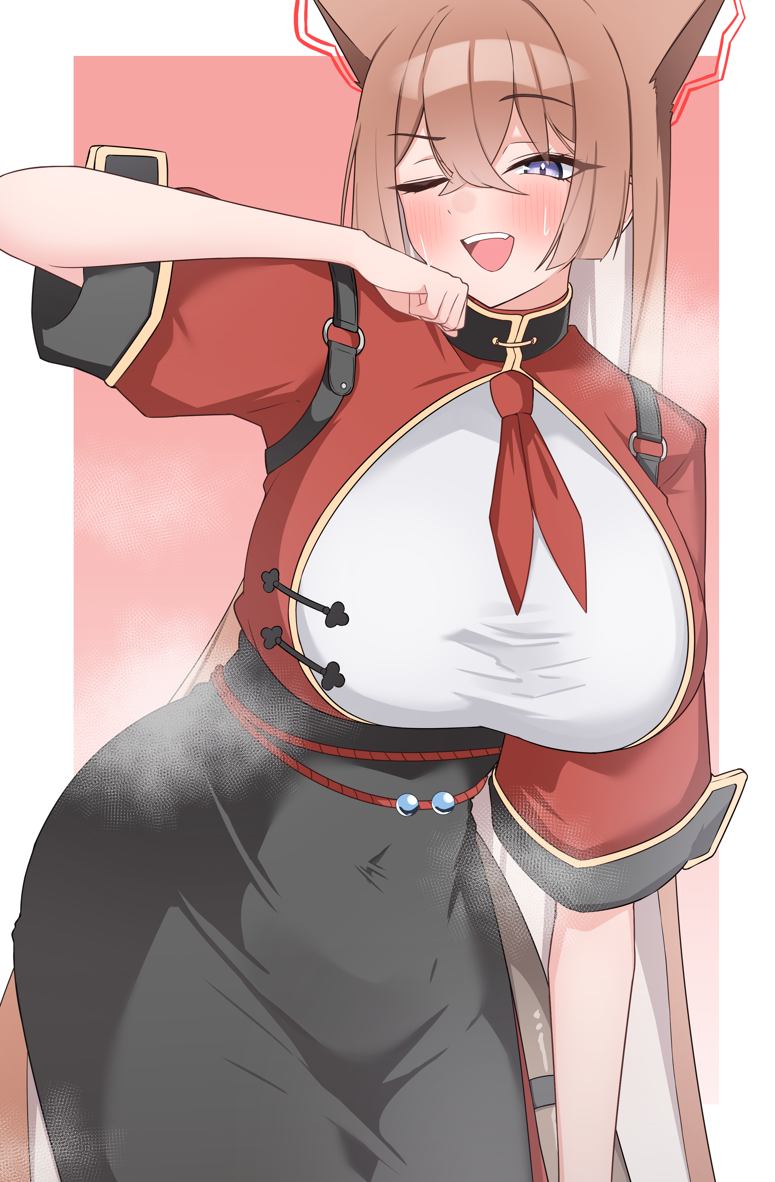 suga kiiha, rumi (blue archive), blue archive, absurdres, commentary request, highres, 1girl, animal ears, black skirt, blush, breasts, brown hair, colored inner hair, covered groin, covered navel, fox ears, hair between eyes, halo, large breasts, looking at viewer, multicolored hair, neckerchief, one eye closed, open mouth, purple eyes, red halo, red neckerchief, red shirt, shirt, short sleeves, skirt, smile, solo, sweat, white hair, white shirt