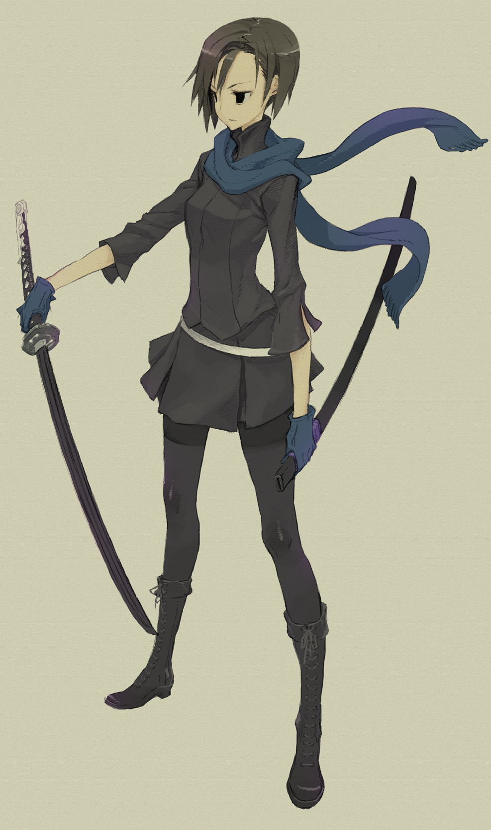 miwa shirow, fuyumine naoto, dogs: bullets & carnage, highres, 1girl, black eyes, black hair, black pantyhose, boots, female focus, gloves, katana, legs, pantyhose, scarf, sheath, short hair, skirt, solo, sword, weapon