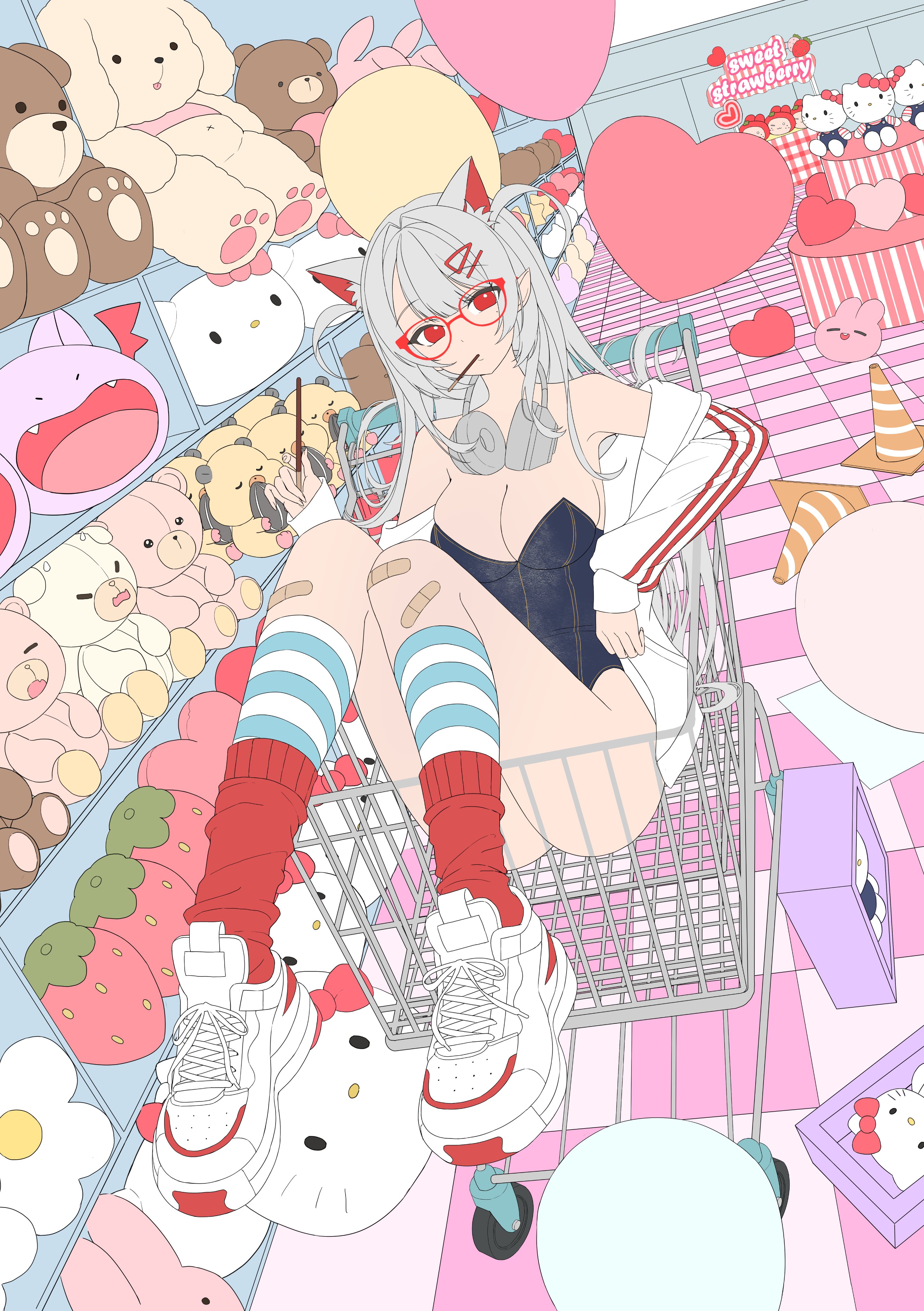 dang geun23283, hello kitty, original, sanrio, absurdres, highres, 1girl, animal ears, balloon, bandaid, black leotard, cat ears, heart balloon, jacket, leotard, no pants, red socks, shoes, shopping cart, sneakers, socks, solo, stuffed toy, white hair, white jacket