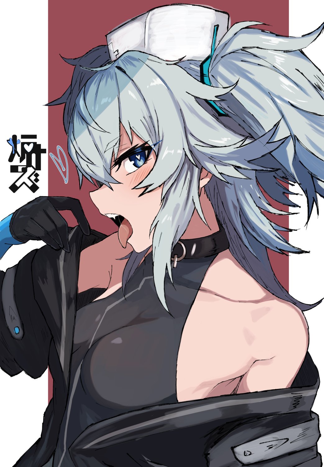 r scrubed, pa-15 (girls' frontline), girls' frontline, hashtag-only commentary, highres, 1girl, black gloves, blue eyes, blue hair, breasts, gloves, hat, heart, heart-shaped pupils, long hair, looking at viewer, nurse cap, open mouth, simple background, solo, symbol-shaped pupils, teeth, tongue, tongue out, two-tone background, two side up, upper body, upper teeth only