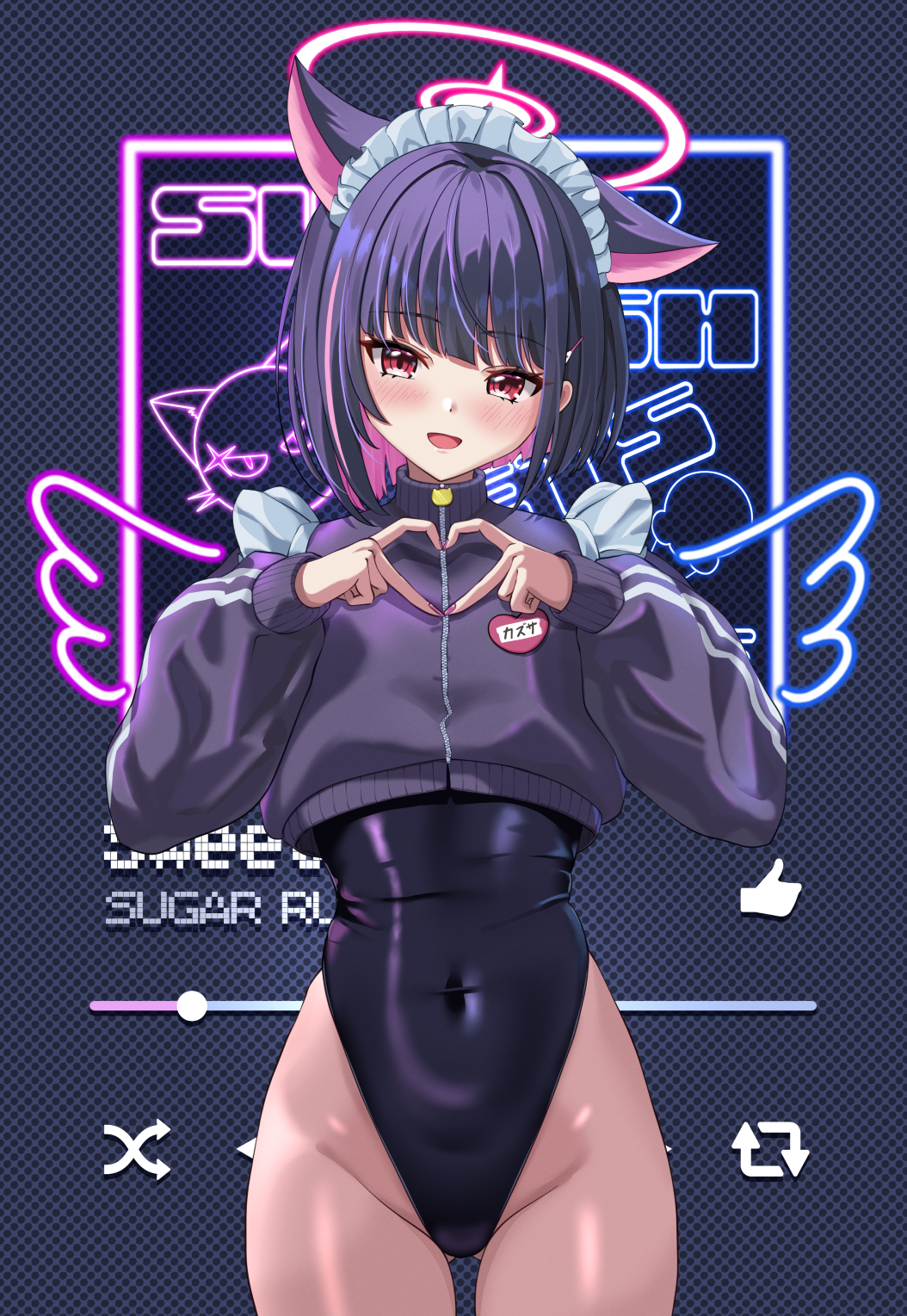 hibika, kazusa (blue archive), blue archive, commentary request, highres, 1girl, alternate costume, animal ears, black hair, black one-piece swimsuit, blush, cat ears, colored inner hair, covered navel, cowboy shot, cropped jacket, fingernails, four-finger heart hands, gluteal fold, groin, halo, heart, heart hands, highleg, highleg one-piece swimsuit, jacket, long sleeves, looking at viewer, maid headdress, multicolored hair, nail polish, name tag, one-piece swimsuit, pink hair, purple jacket, red eyes, short hair, smile, solo, swimsuit, swimsuit under clothes, track jacket, two-tone hair