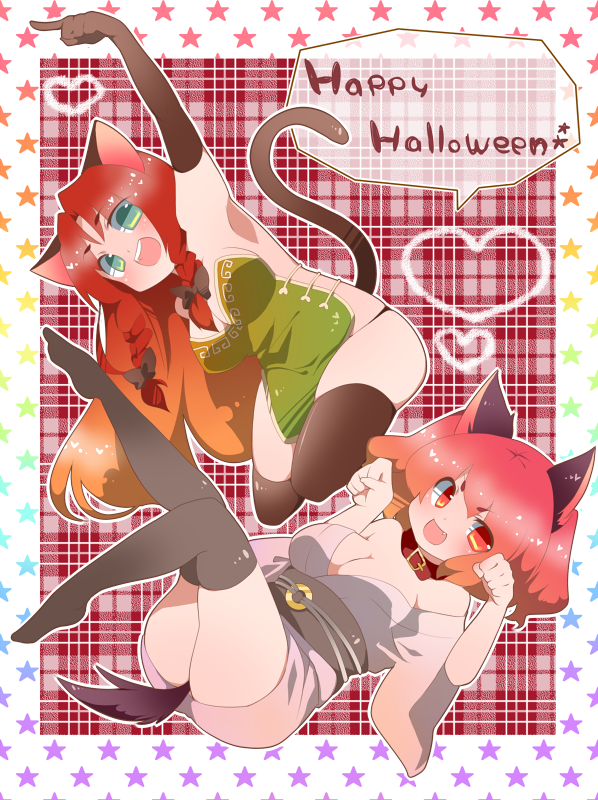 kamiyama aya, hong meiling, onozuka komachi, touhou, bad id, 2girls, animal ears, armpits, braid, breasts, cat ears, cat girl, china dress, chinese clothes, cleavage, dress, elbow gloves, female focus, gloves, green eyes, halloween, happy halloween, long hair, maid, medium breasts, multiple girls, red eyes, red hair, ribbon, short hair, thighhighs, twin braids, twintails, two side up